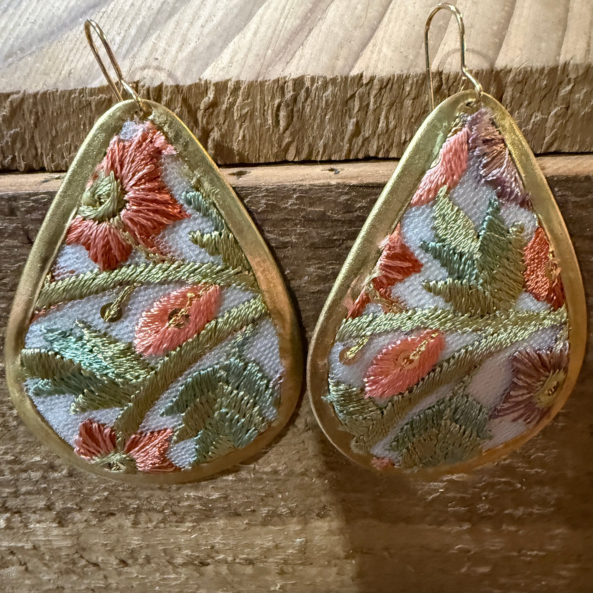 Spring Bloom Embroidered Teardrop Earrings in Gold Frame Handmade Wild West Boho