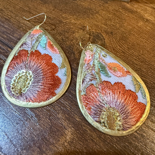 Spring Bloom Embroidered Teardrop Earrings Handcrafted With Floral Gold Frame Wild West Boho