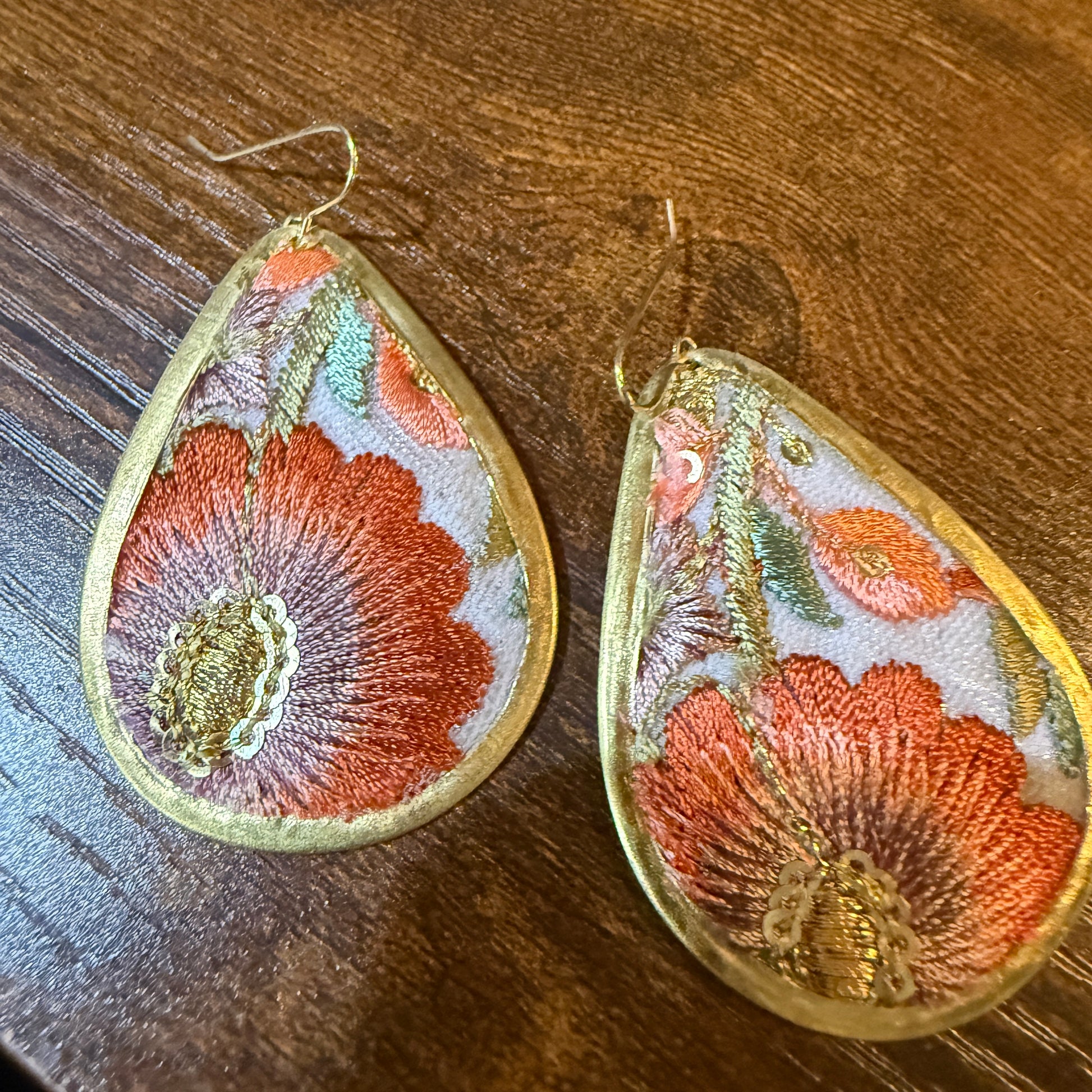 Spring Bloom Embroidered Teardrop Earrings Handcrafted With Floral Gold Frame Wild West Boho