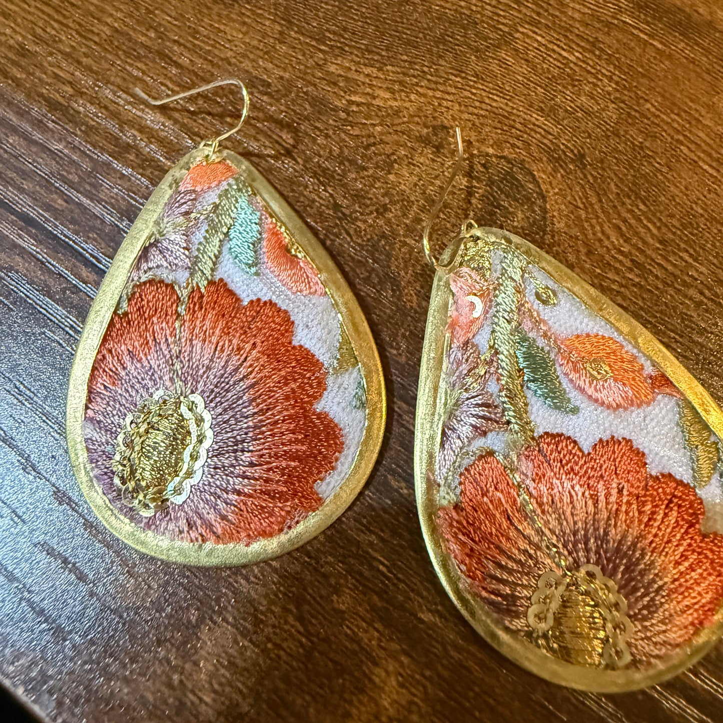Spring Bloom Embroidered Teardrop Earrings Handcrafted With Floral Gold Frame Wild West Boho