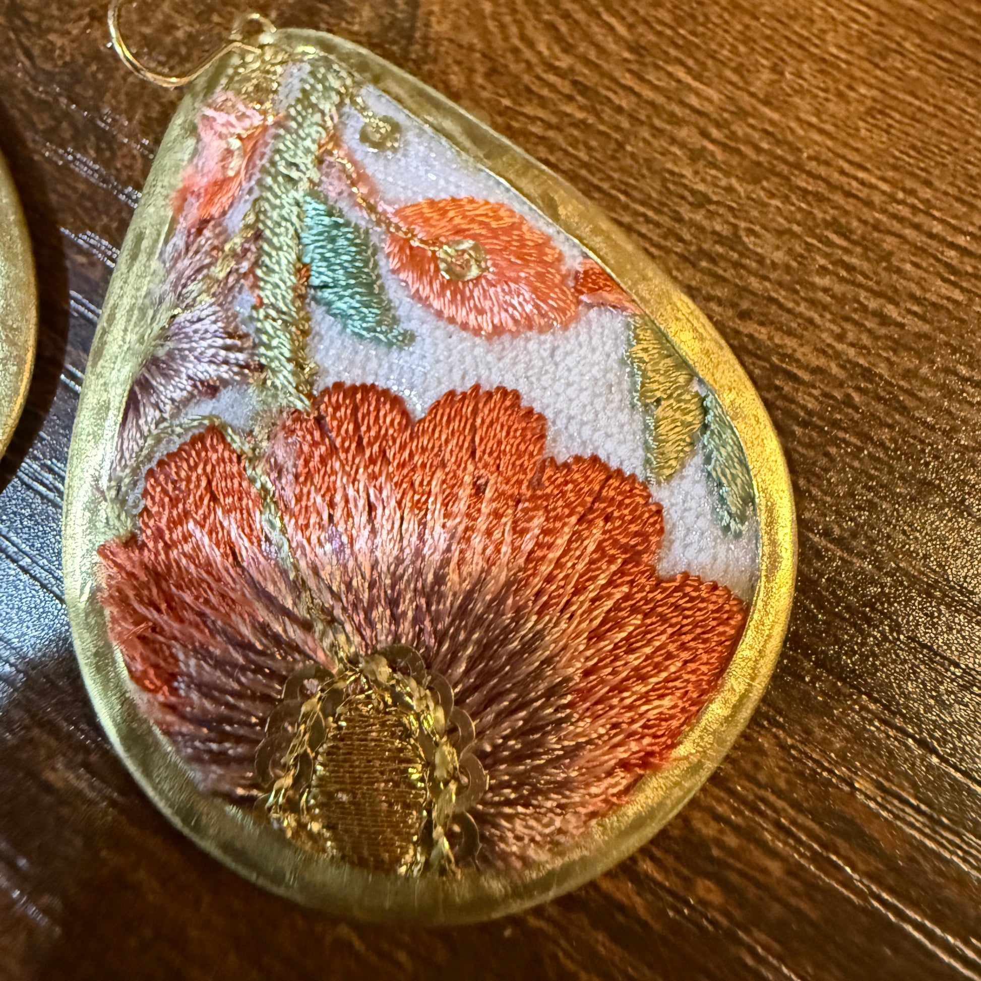 Spring Bloom Embroidered Teardrop Earrings Handcrafted With Floral Gold Frame Wild West Boho