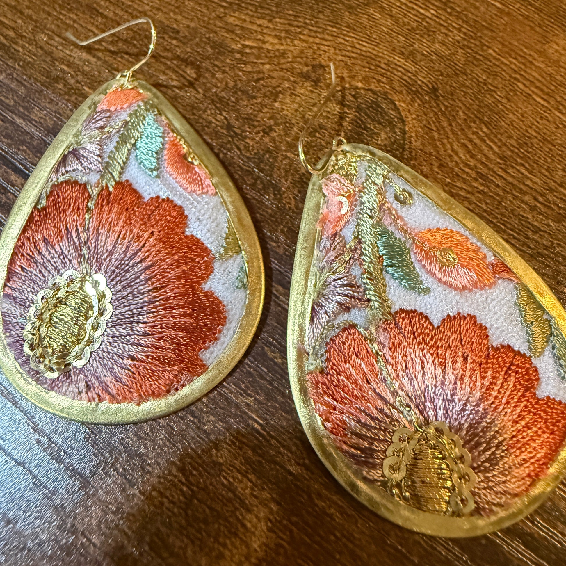 Spring Bloom Embroidered Teardrop Earrings Handcrafted With Floral Gold Frame Wild West Boho