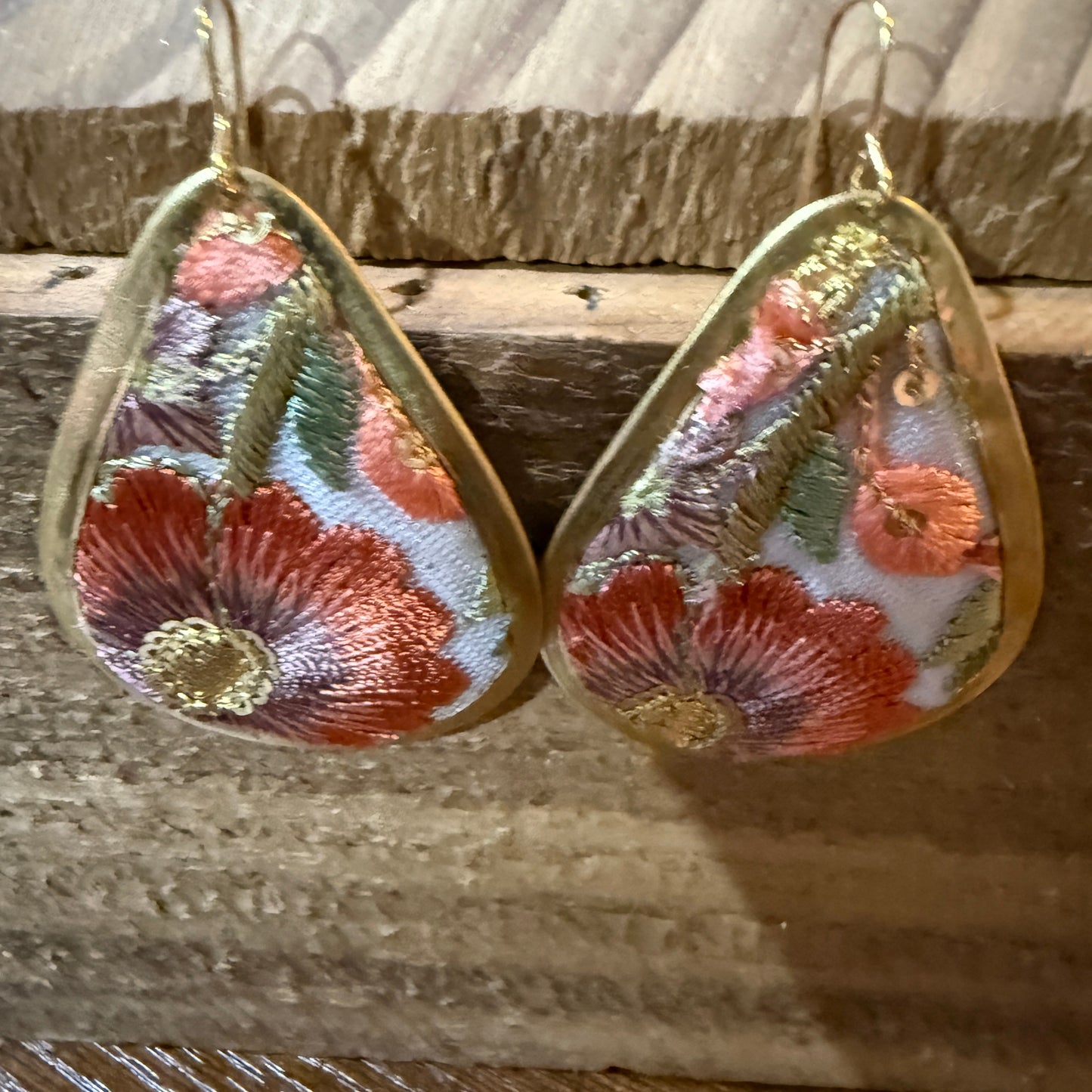 Spring Bloom Embroidered Teardrop Earrings Handcrafted With Floral Gold Frame Wild West Boho