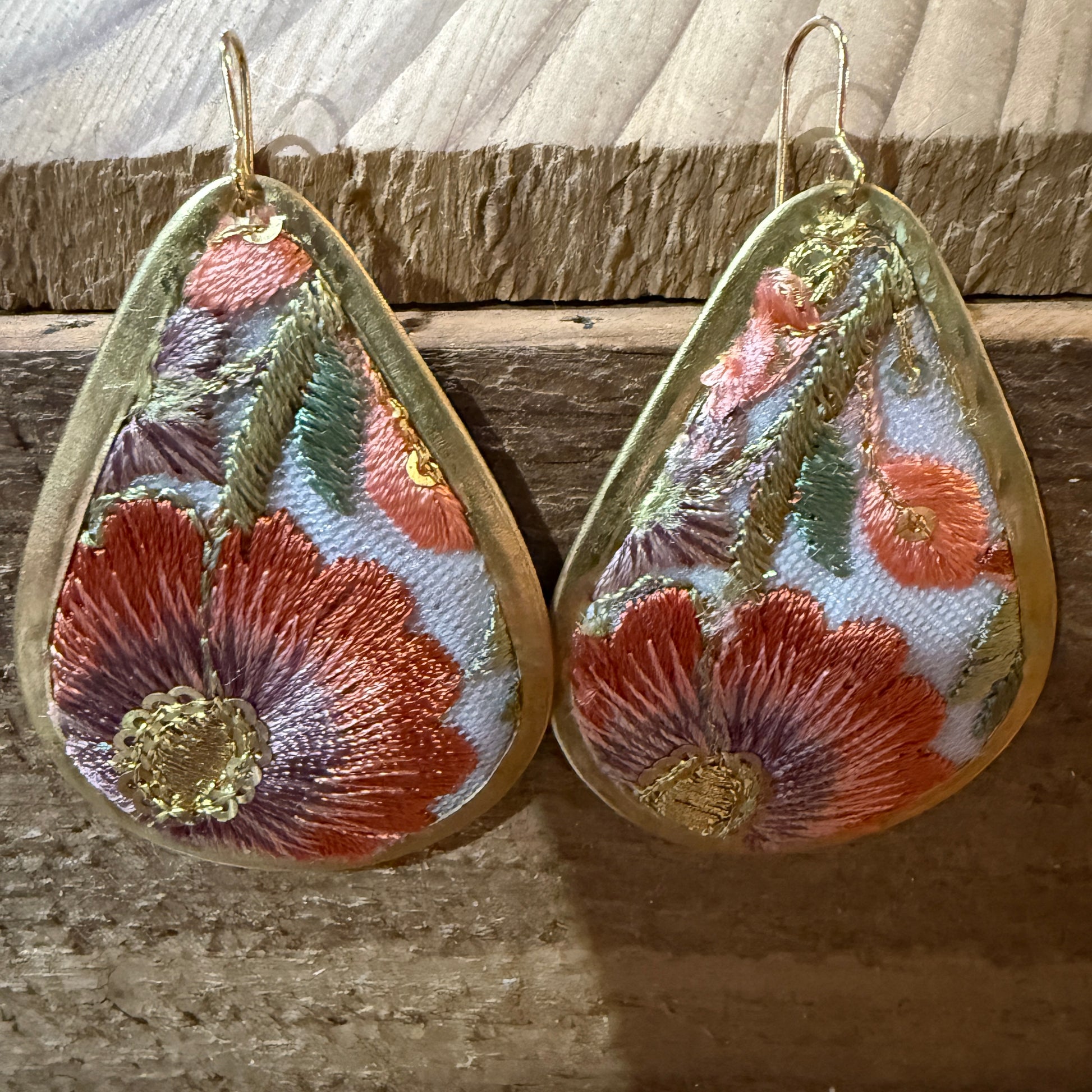Spring Bloom Embroidered Teardrop Earrings Handcrafted With Floral Gold Frame Wild West Boho