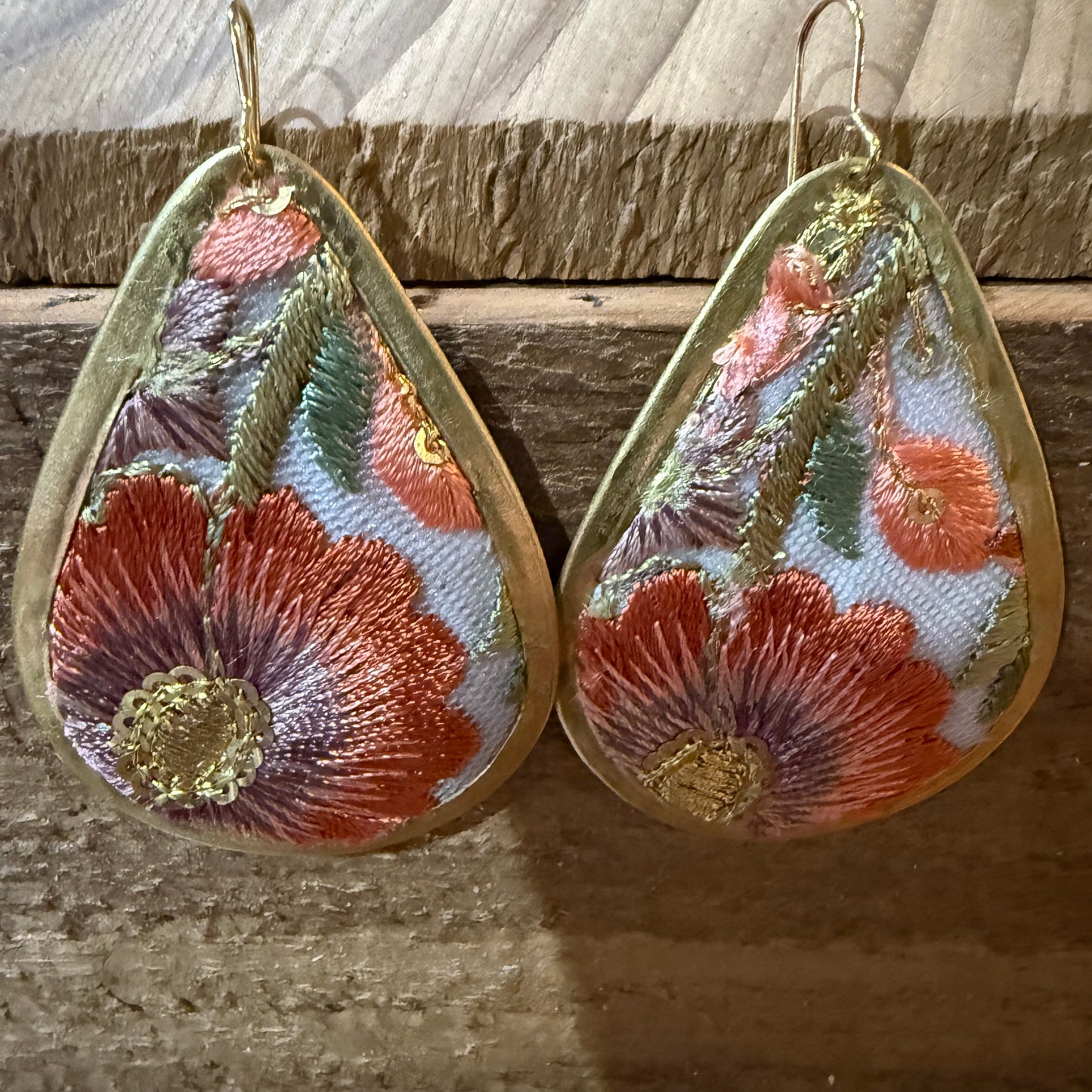Spring Bloom Embroidered Teardrop Earrings Handcrafted With Floral Gold Frame Wild West Boho