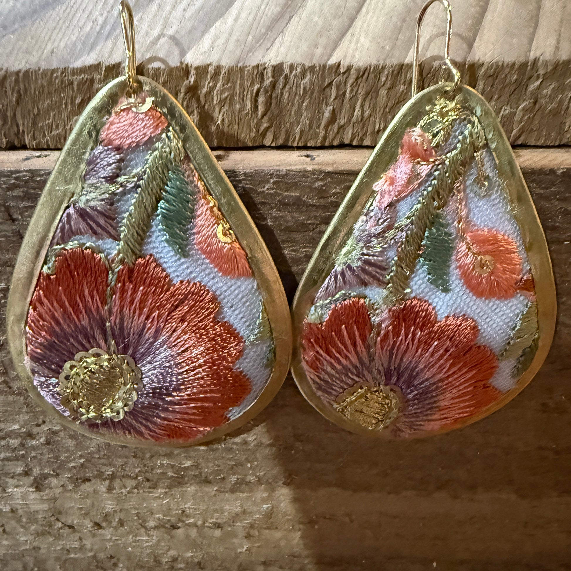 Spring Bloom Embroidered Teardrop Earrings Handcrafted With Floral Gold Frame Wild West Boho
