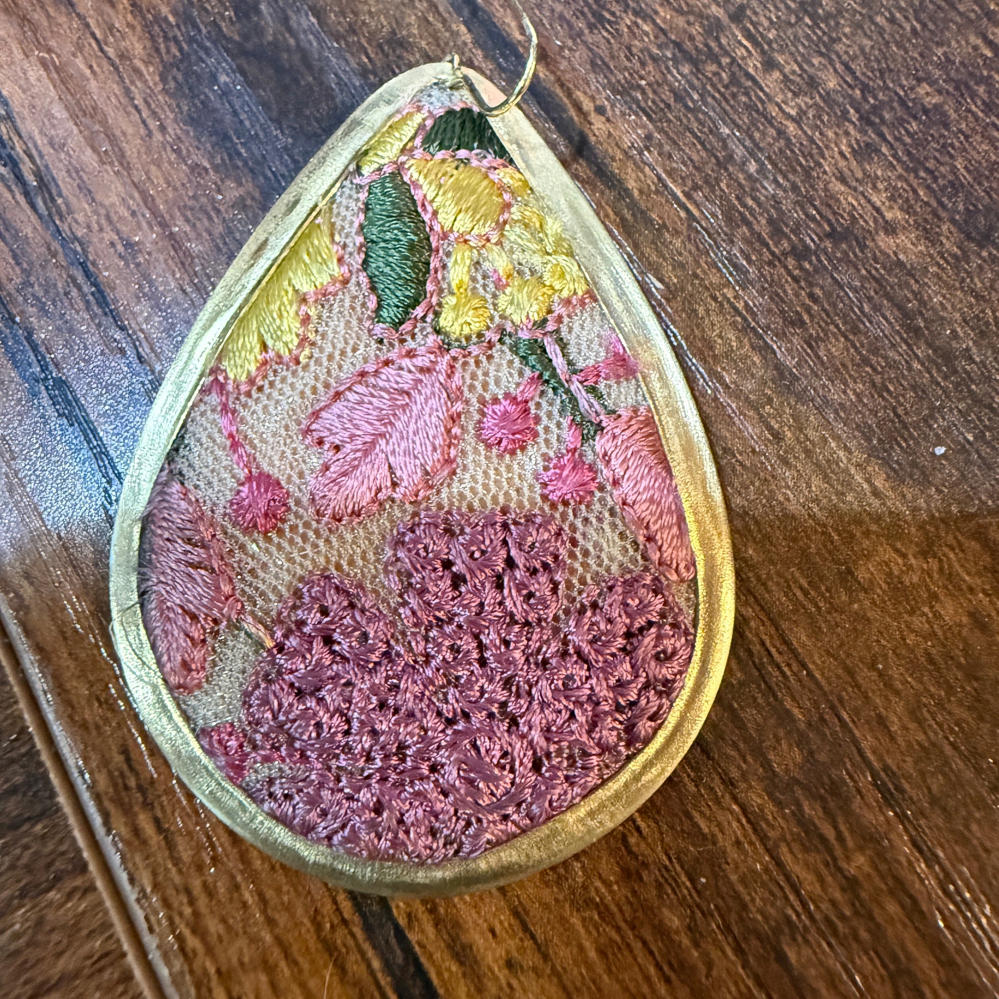 Pastel Embroidered Floral Drop Earrings Gold Tone Teardrop Wild West Boho