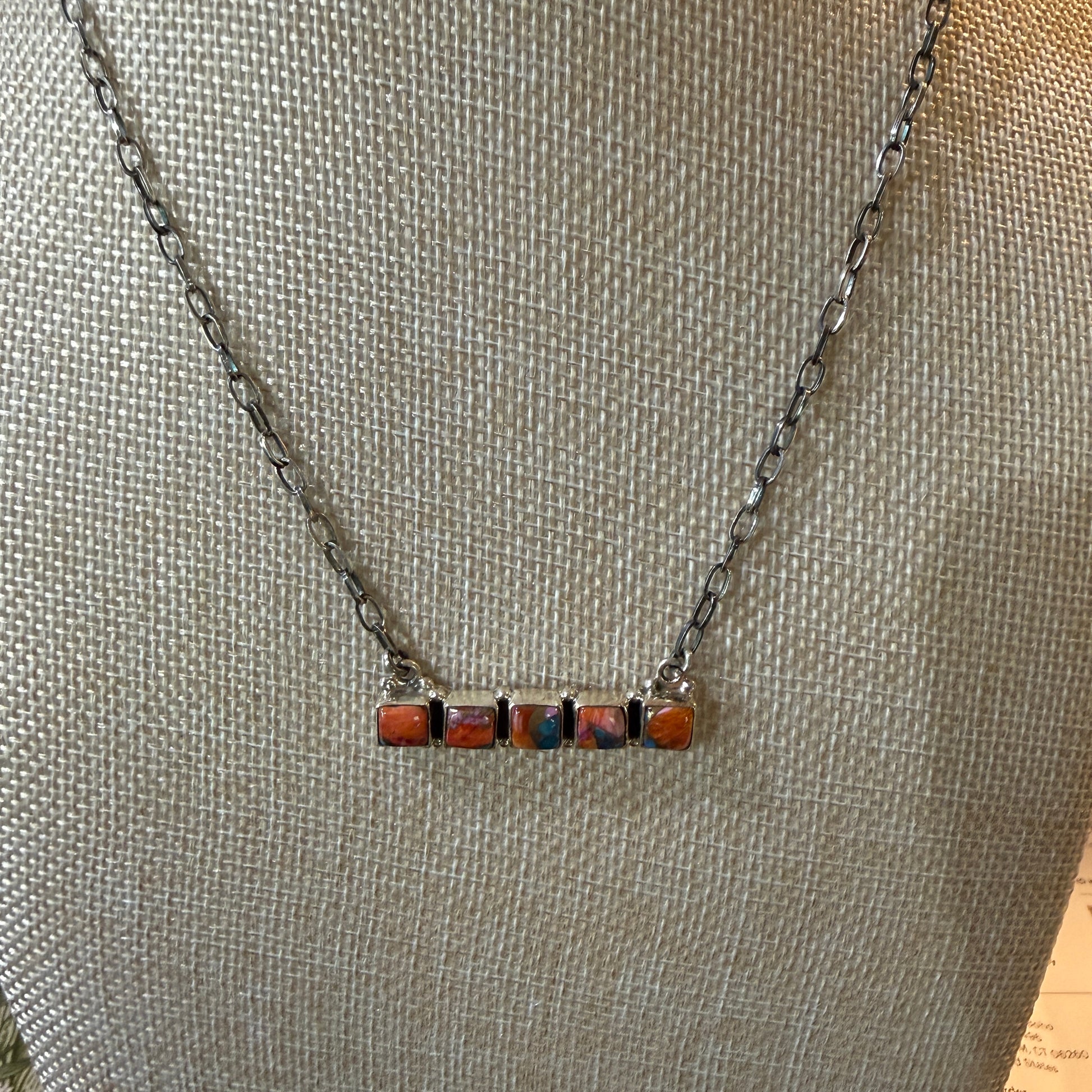 Navajo Inspired Spiny Oyster Bar Necklace Sterling Silver 18 Inch Chain Wild West Boho