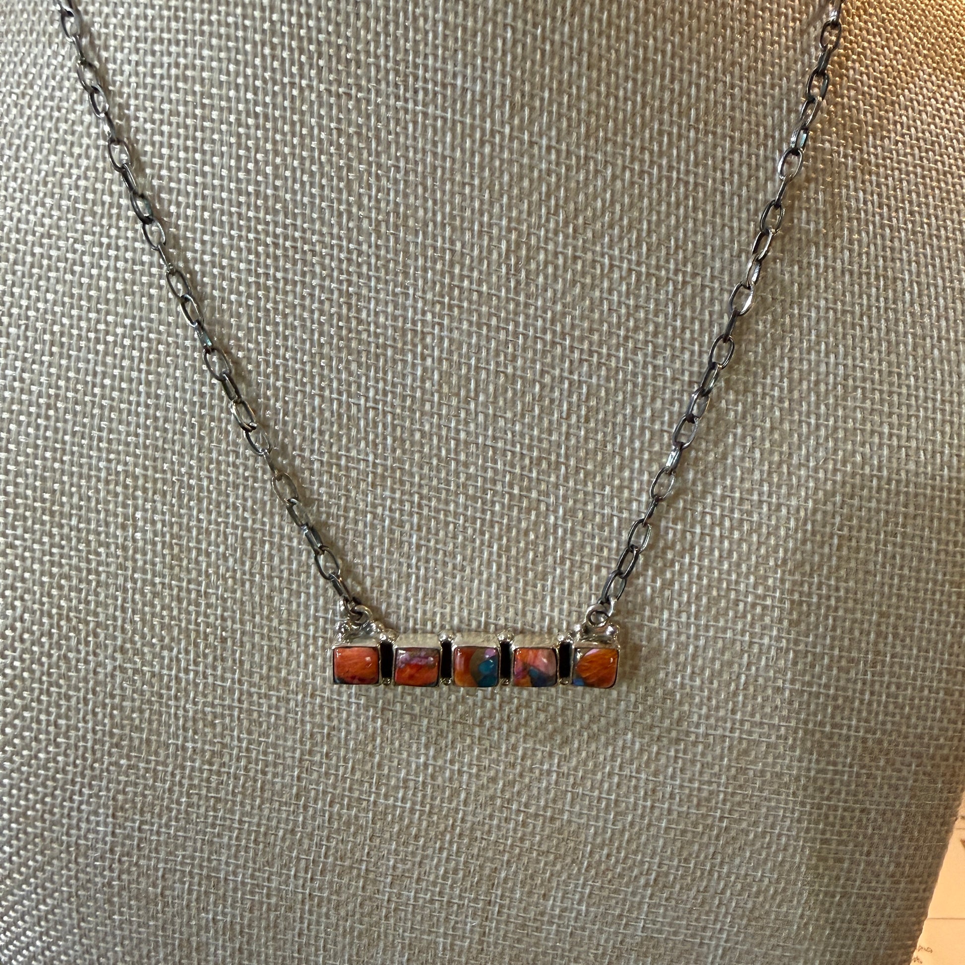 Navajo Inspired Spiny Oyster Bar Necklace Sterling Silver 18 Inch Chain Wild West Boho