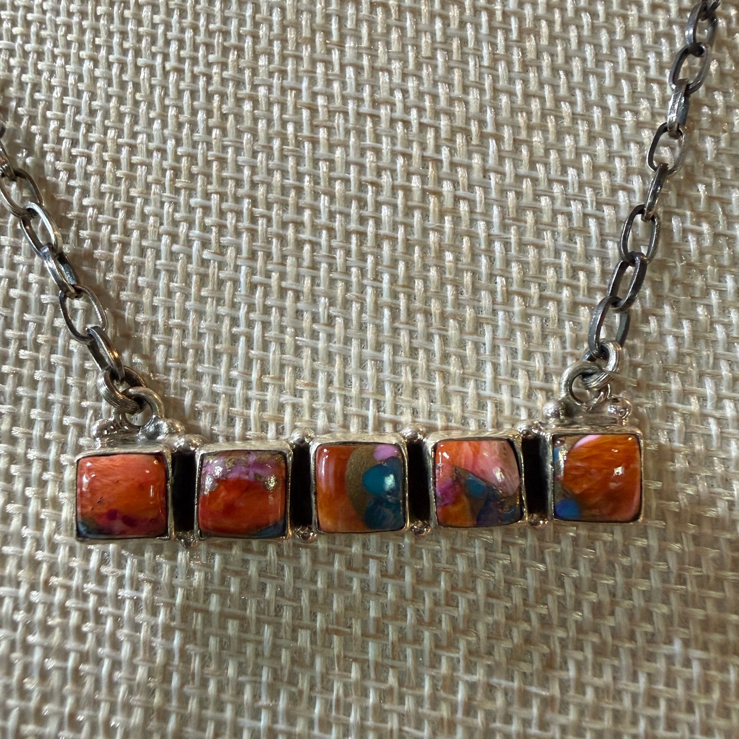 Navajo Inspired Spiny Oyster Bar Necklace Sterling Silver 18 Inch Chain Wild West Boho
