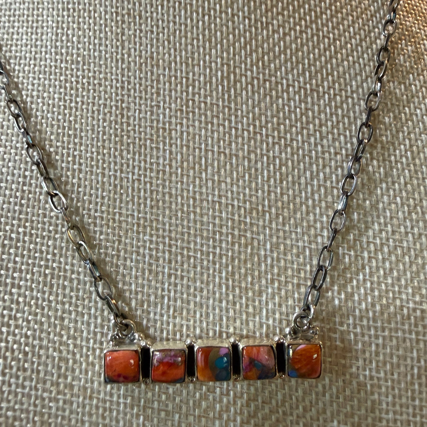 Navajo Inspired Spiny Oyster Bar Necklace Sterling Silver 18 Inch Chain Wild West Boho