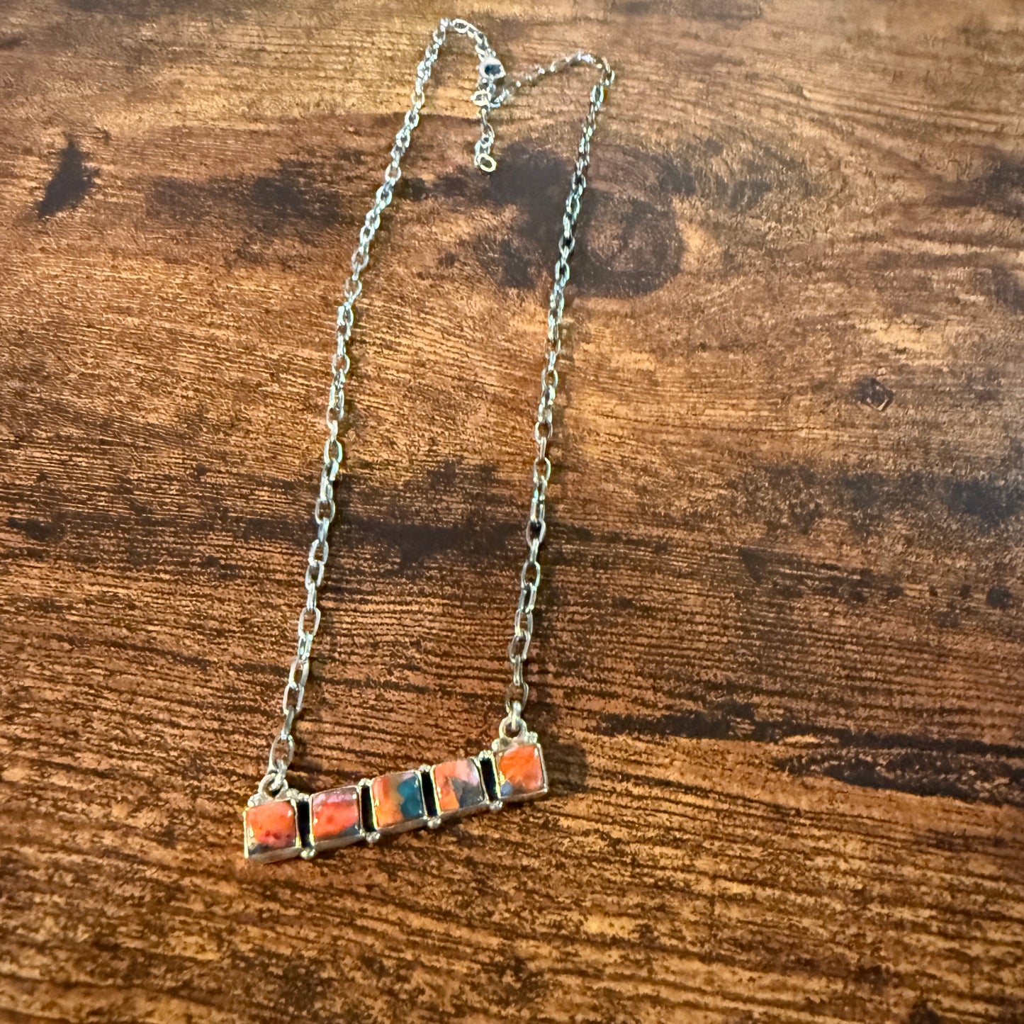 Navajo Inspired Spiny Oyster Bar Necklace Sterling Silver 18 Inch Chain Wild West Boho