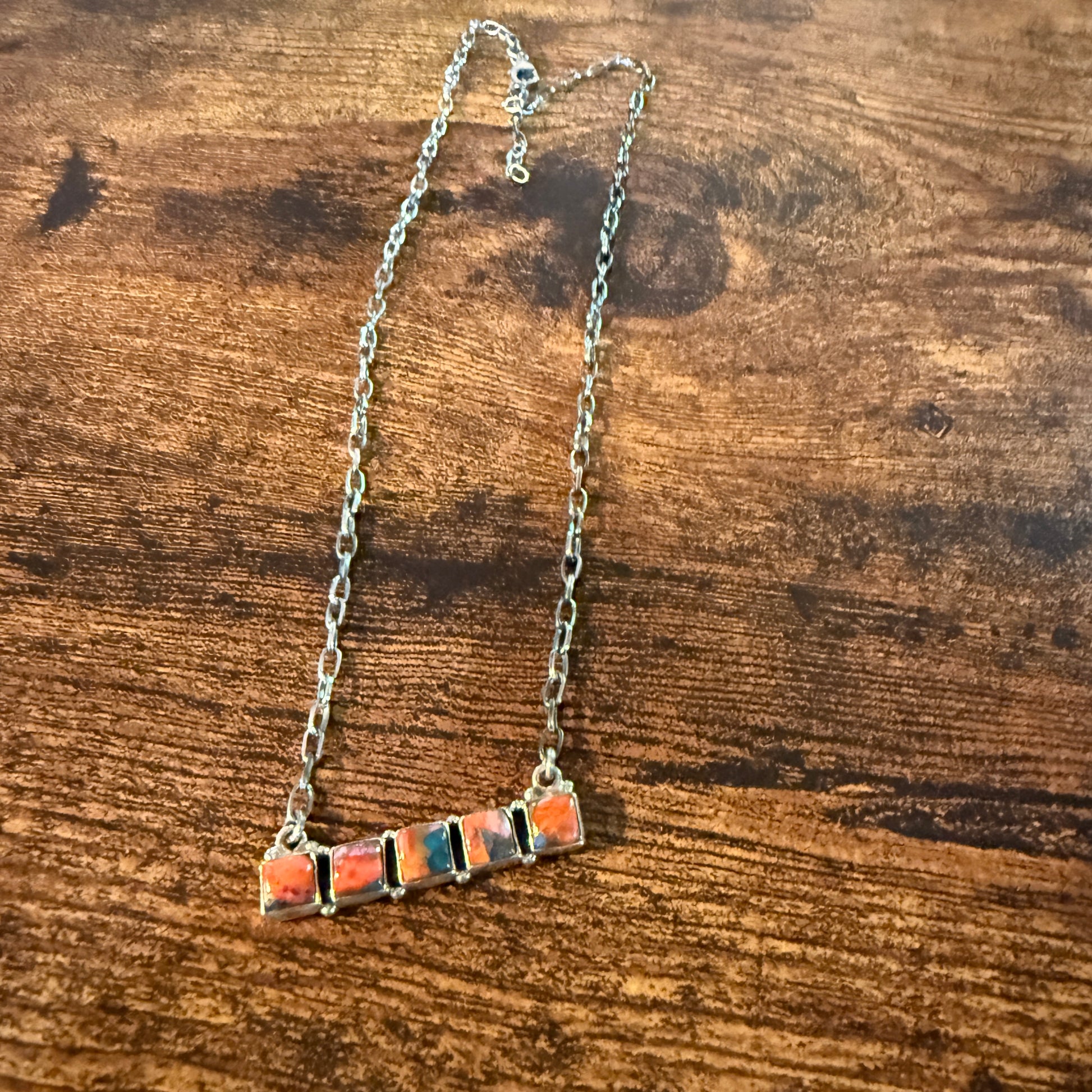 Navajo Inspired Spiny Oyster Bar Necklace Sterling Silver 18 Inch Chain Wild West Boho