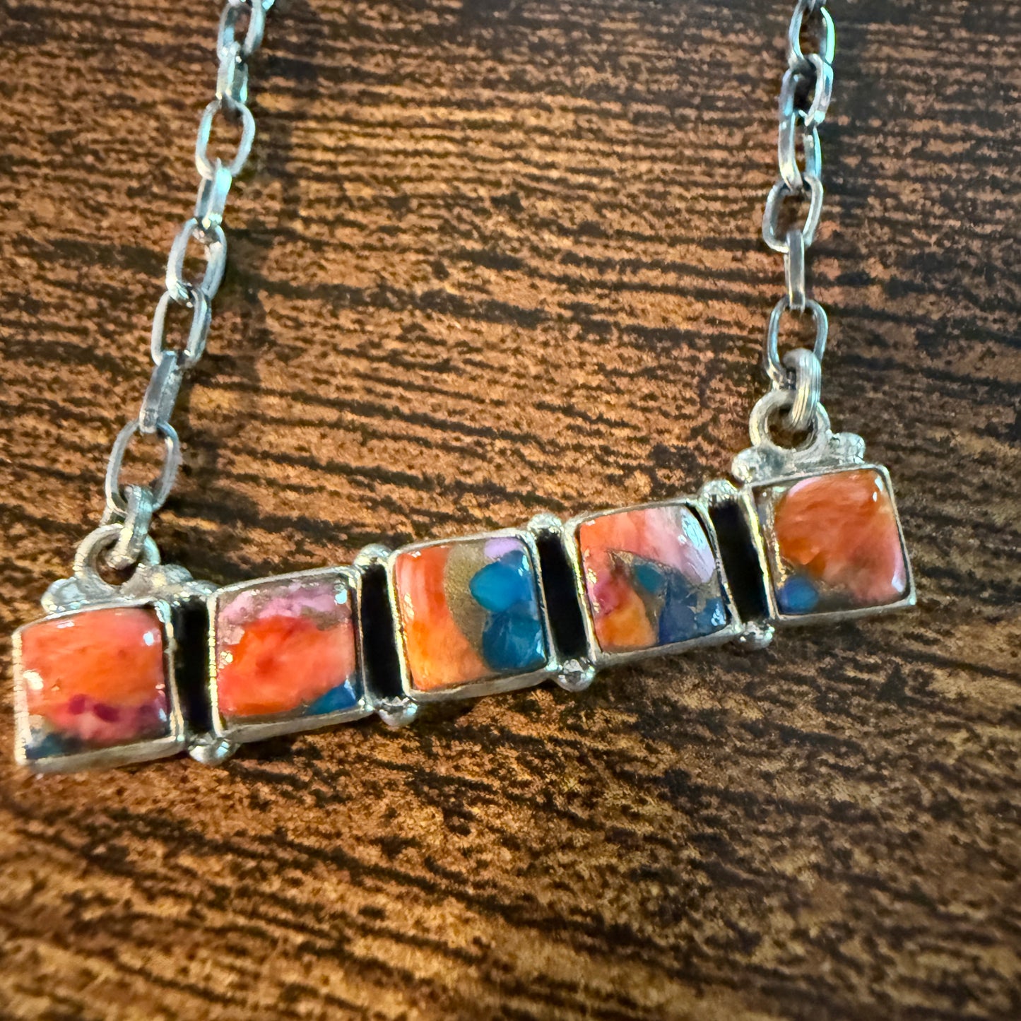 Navajo Inspired Spiny Oyster Bar Necklace Sterling Silver 18 Inch Chain Wild West Boho
