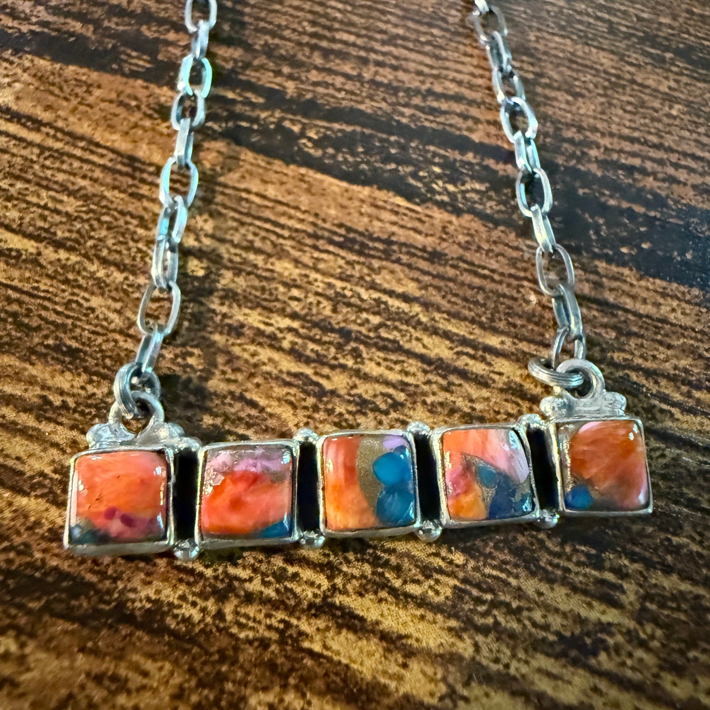 Navajo Inspired Spiny Oyster Bar Necklace Sterling Silver 18 Inch Chain Wild West Boho