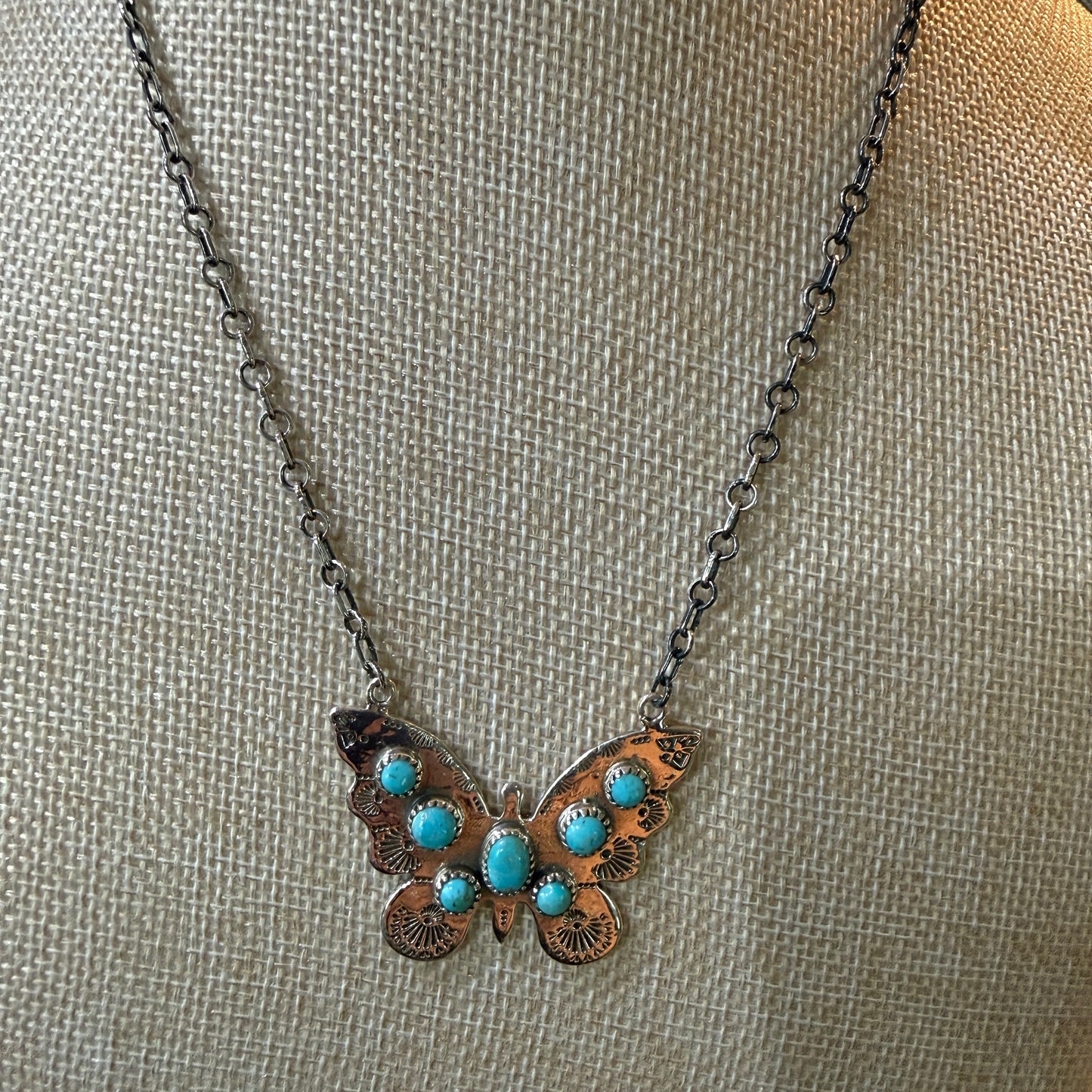 Navajo Kingman Turquoise Butterfly Necklace Sterling Silver 18 Inch Chain Wild West Boho