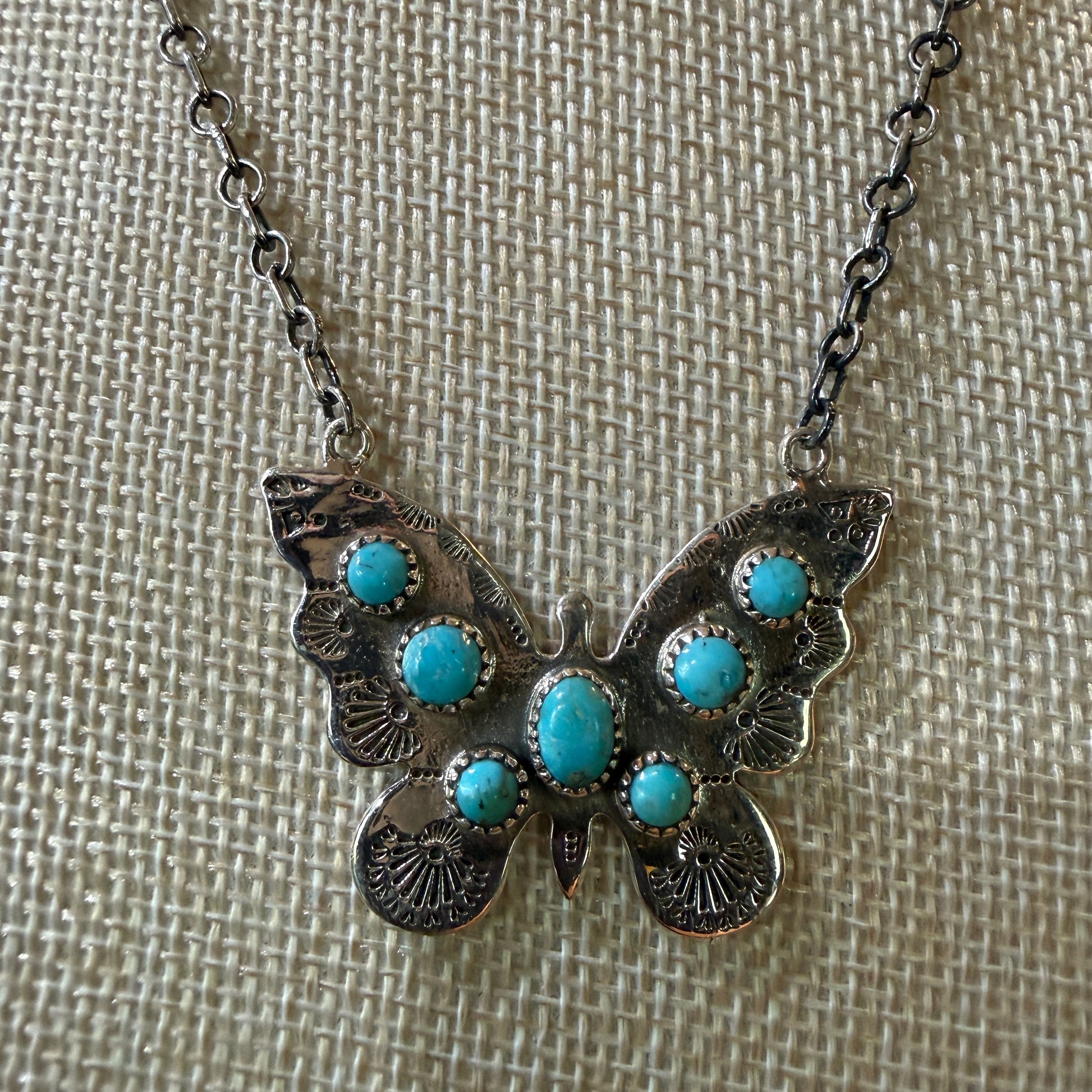 Navajo Kingman Turquoise Butterfly Necklace Sterling Silver 18 Inch Chain Wild West Boho