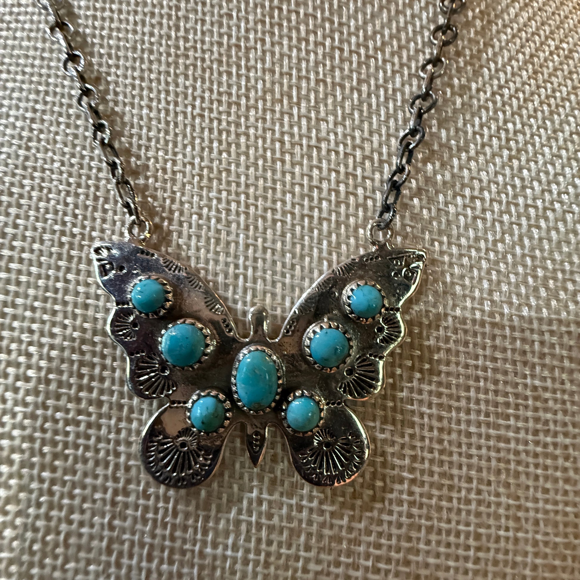 Navajo Kingman Turquoise Butterfly Necklace Sterling Silver 18 Inch Chain Wild West Boho