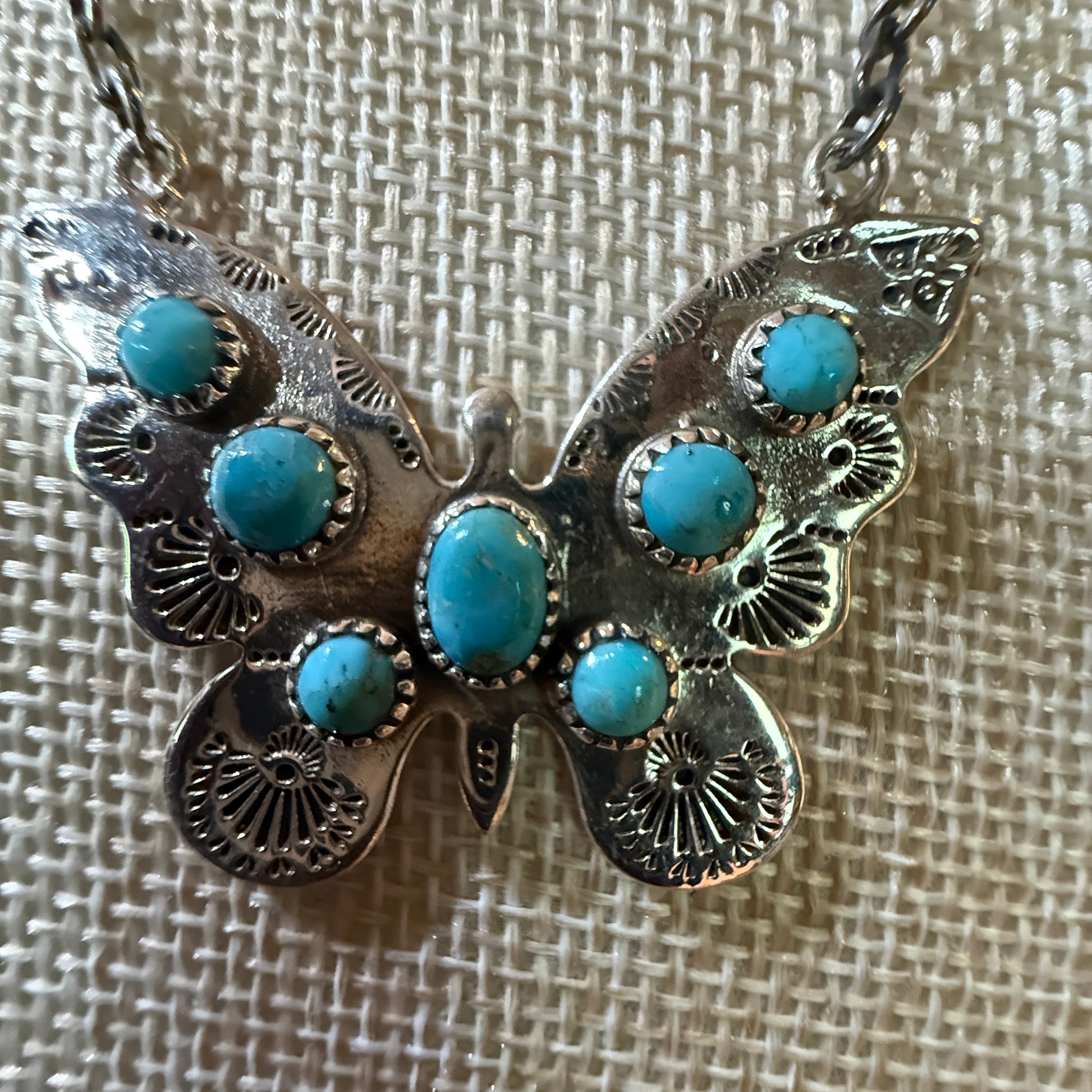 Navajo Kingman Turquoise Butterfly Necklace Sterling Silver 18 Inch Chain Wild West Boho