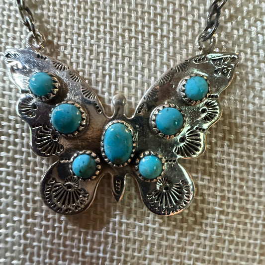 Navajo Kingman Turquoise Butterfly Necklace Sterling Silver 18 Inch Chain Wild West Boho