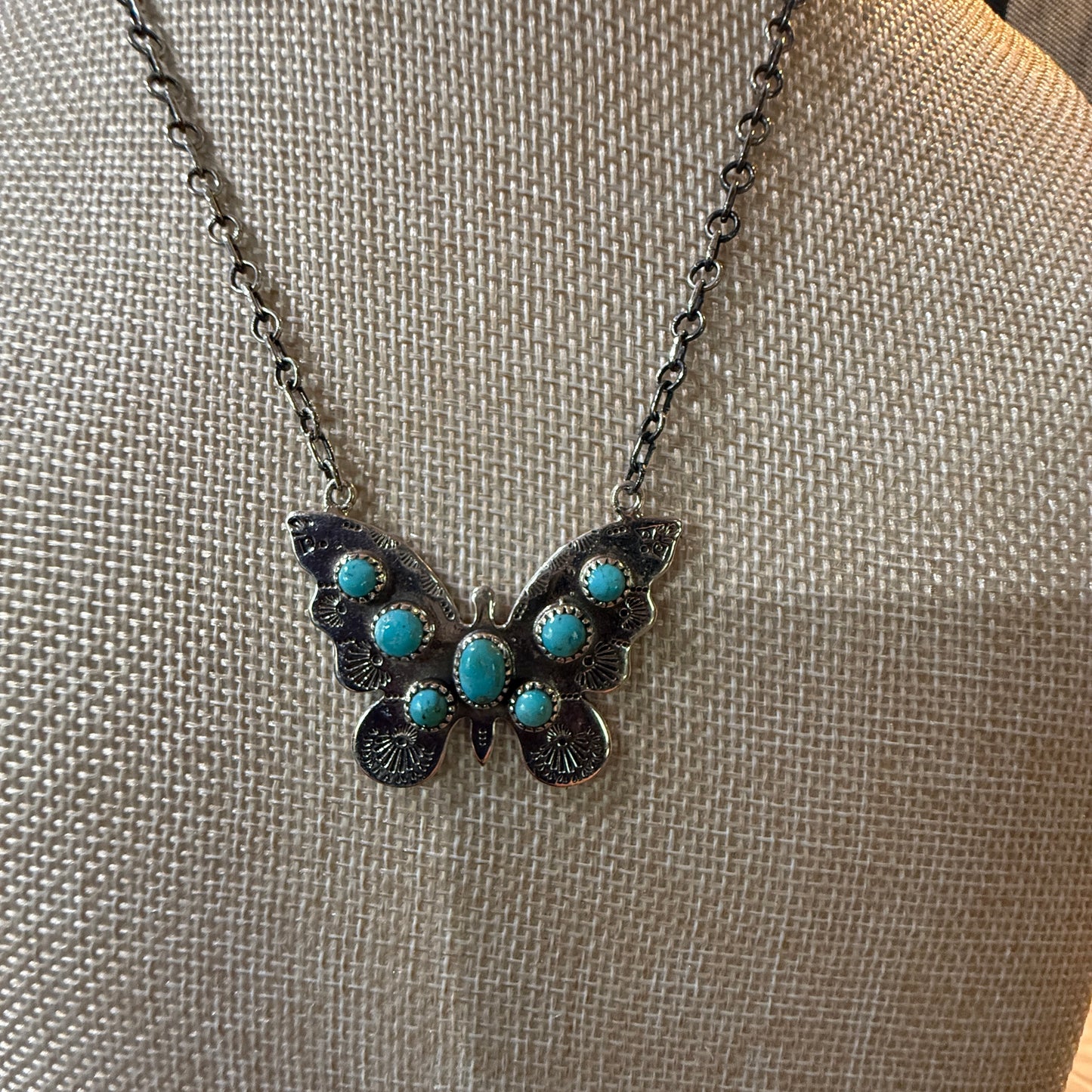 Navajo Kingman Turquoise Butterfly Necklace Sterling Silver 18 Inch Chain Wild West Boho