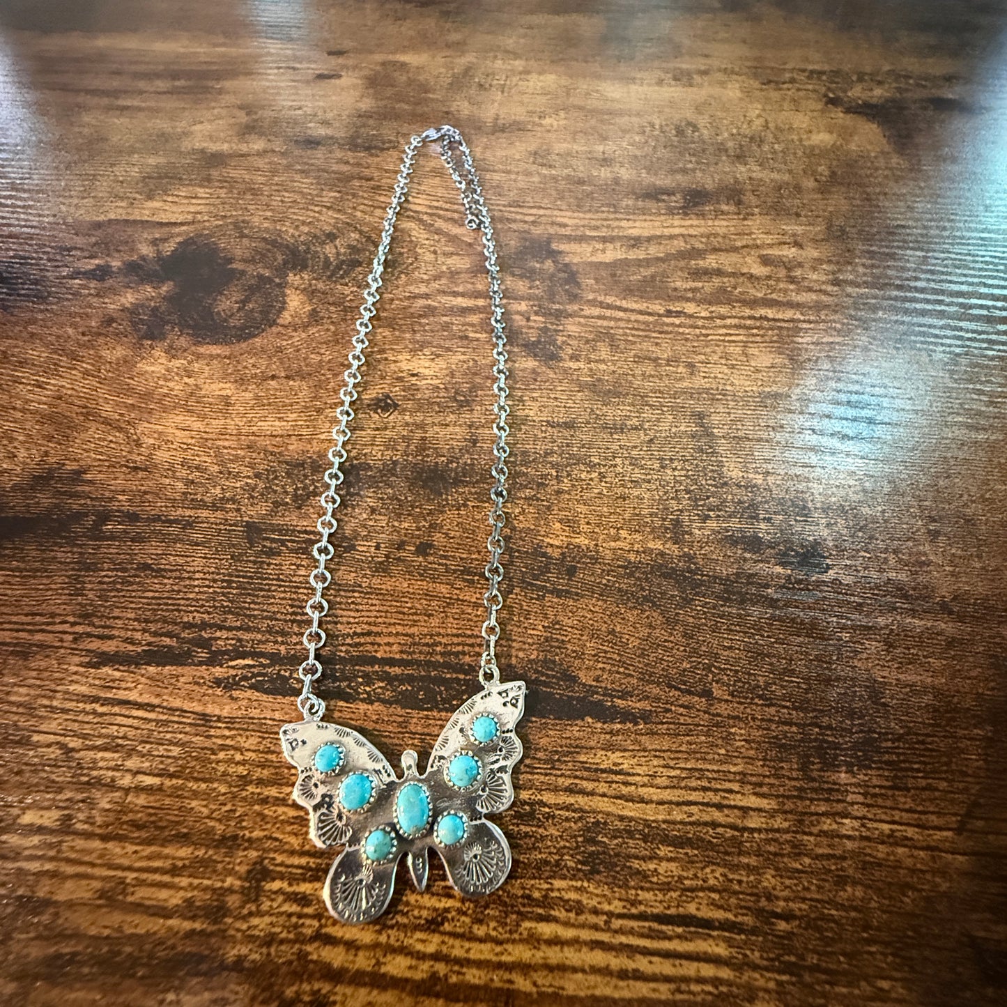 Navajo Kingman Turquoise Butterfly Necklace Sterling Silver 18 Inch Chain Wild West Boho