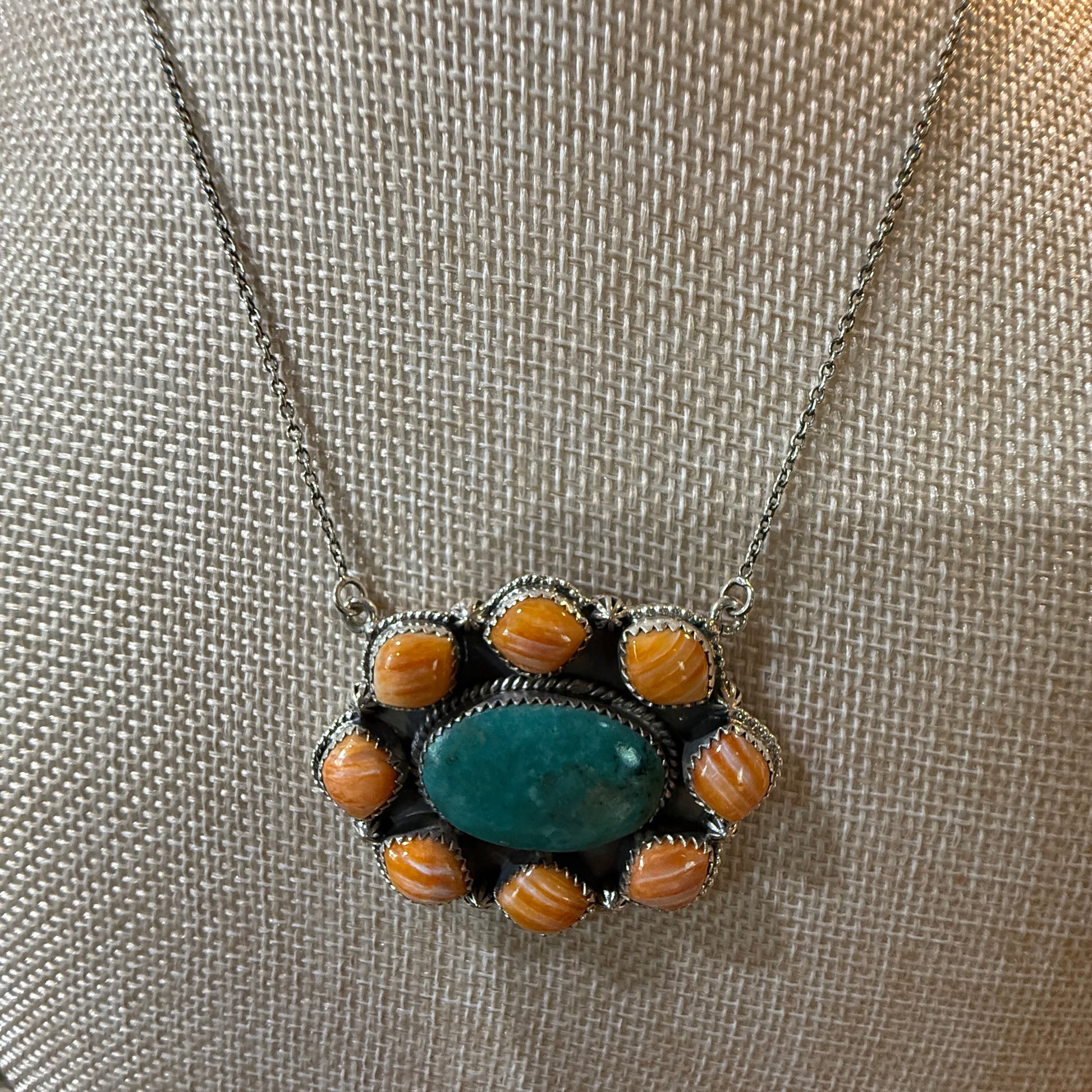 Mojave Turquoise and Spiny Oyster Gemstone Necklace in Sterling Silver Wild West Boho