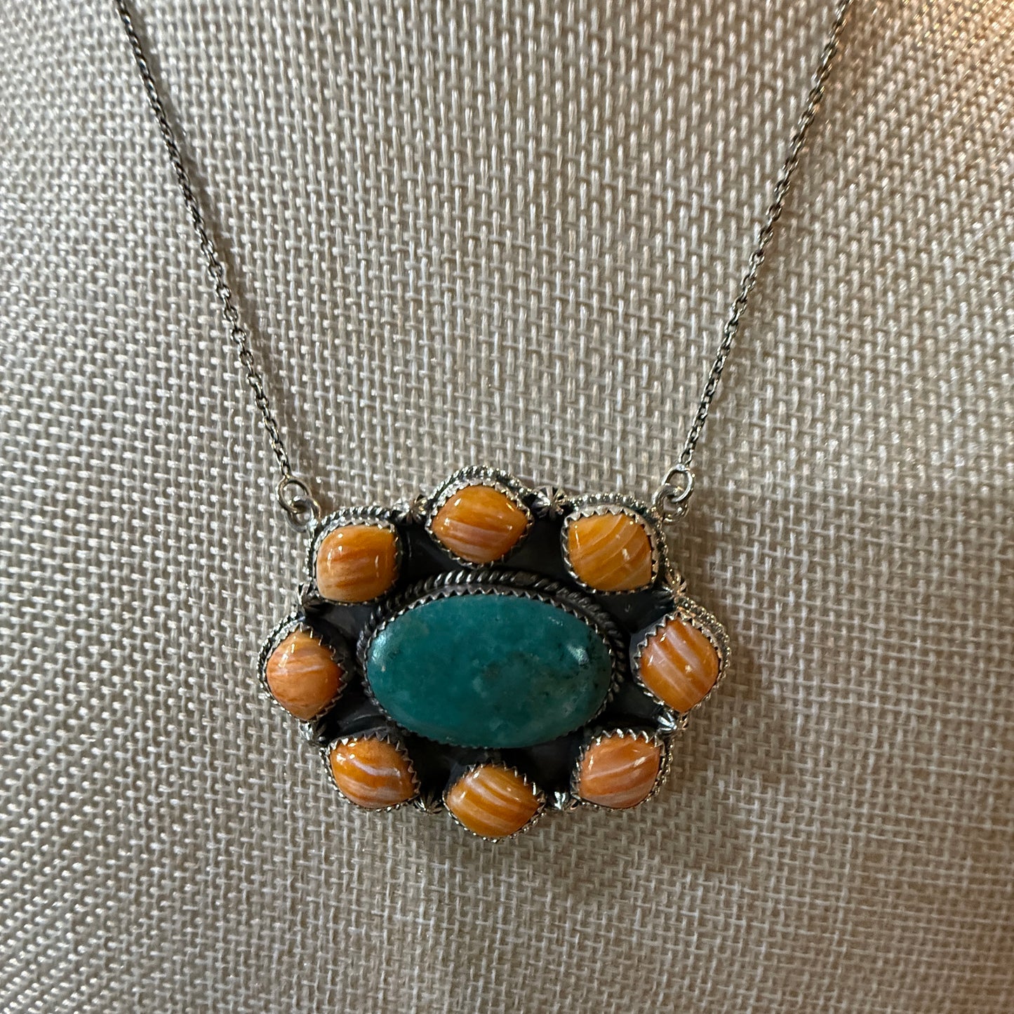 Mojave Turquoise and Spiny Oyster Gemstone Necklace in Sterling Silver Wild West Boho