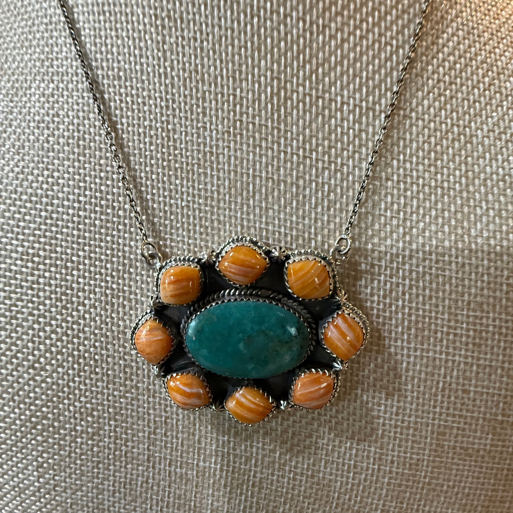 Mojave Turquoise and Spiny Oyster Gemstone Necklace in Sterling Silver Wild West Boho