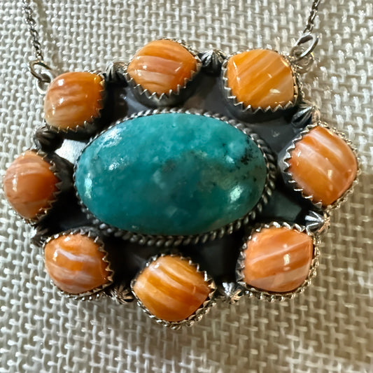 Mojave Turquoise and Spiny Oyster Gemstone Necklace in Sterling Silver Wild West Boho