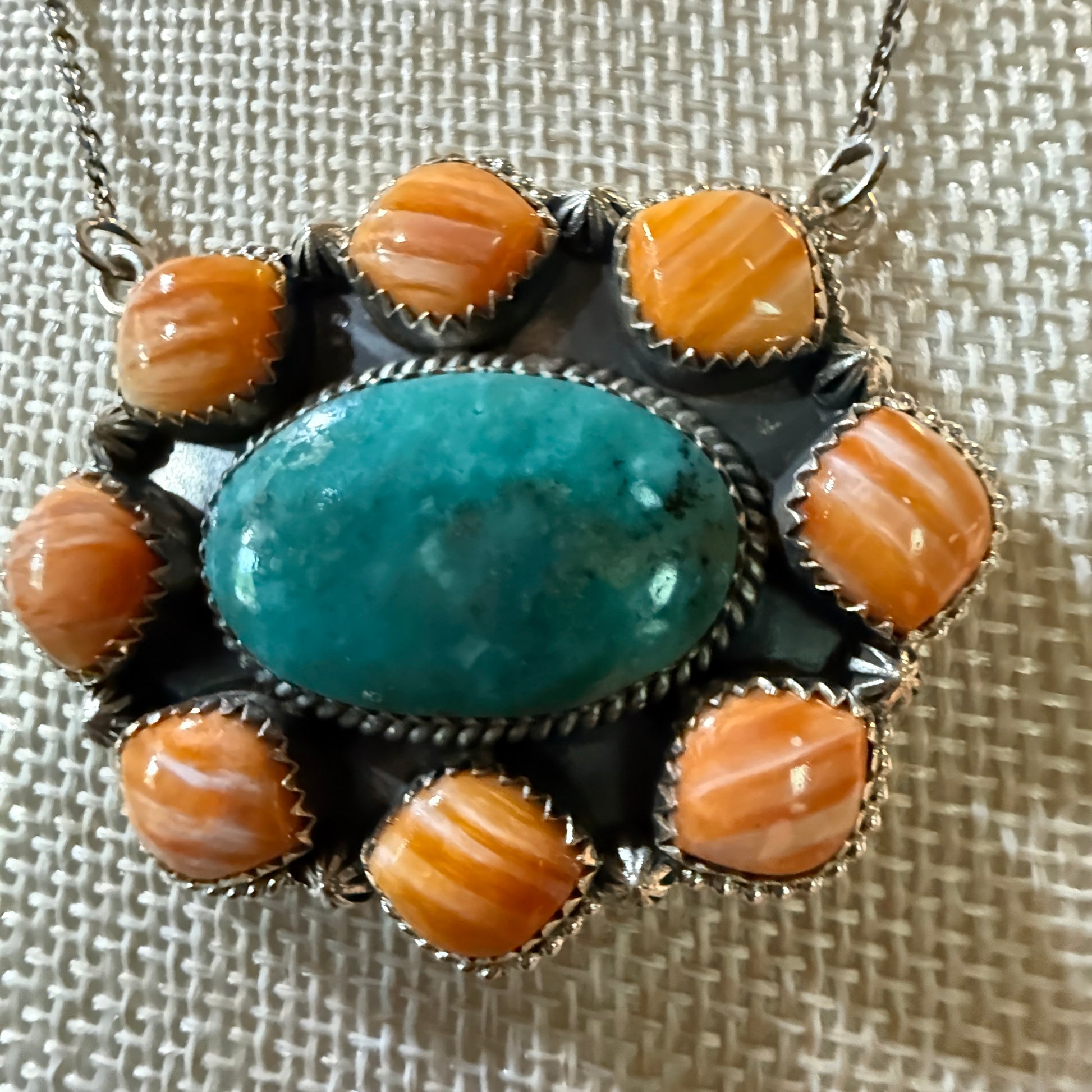 Mojave Turquoise and Spiny Oyster Gemstone Necklace in Sterling Silver Wild West Boho