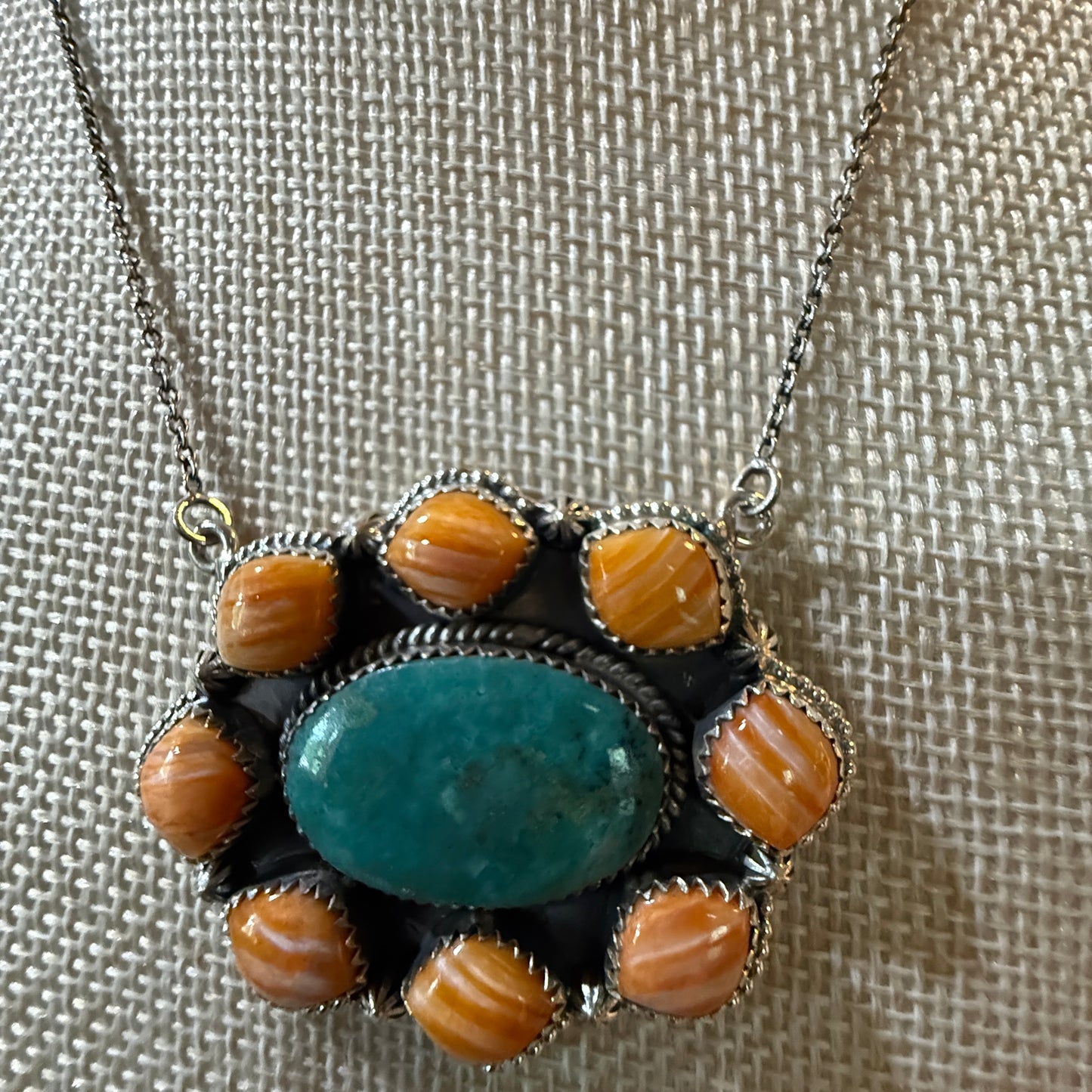 Mojave Turquoise and Spiny Oyster Gemstone Necklace in Sterling Silver Wild West Boho