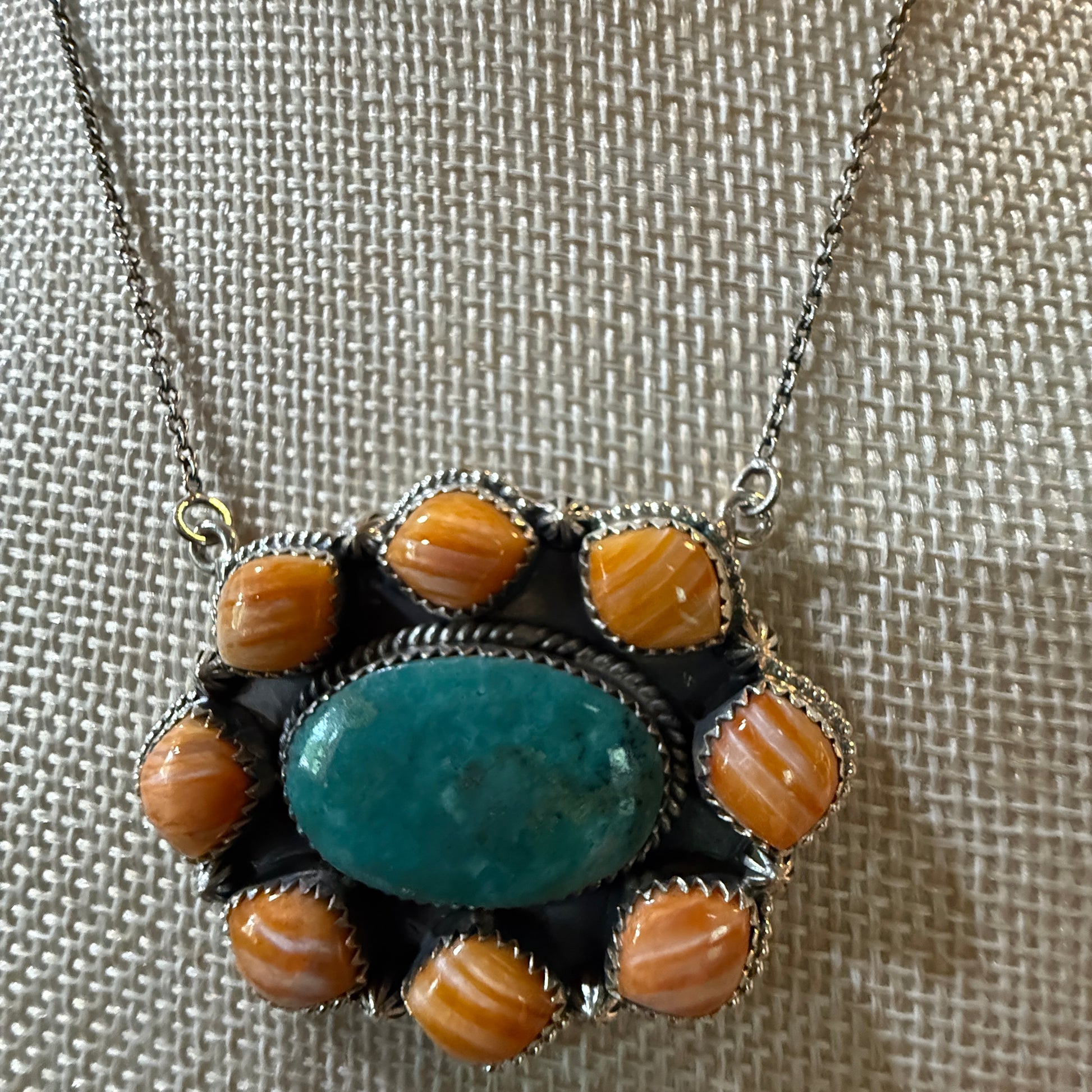 Mojave Turquoise and Spiny Oyster Gemstone Necklace in Sterling Silver Wild West Boho
