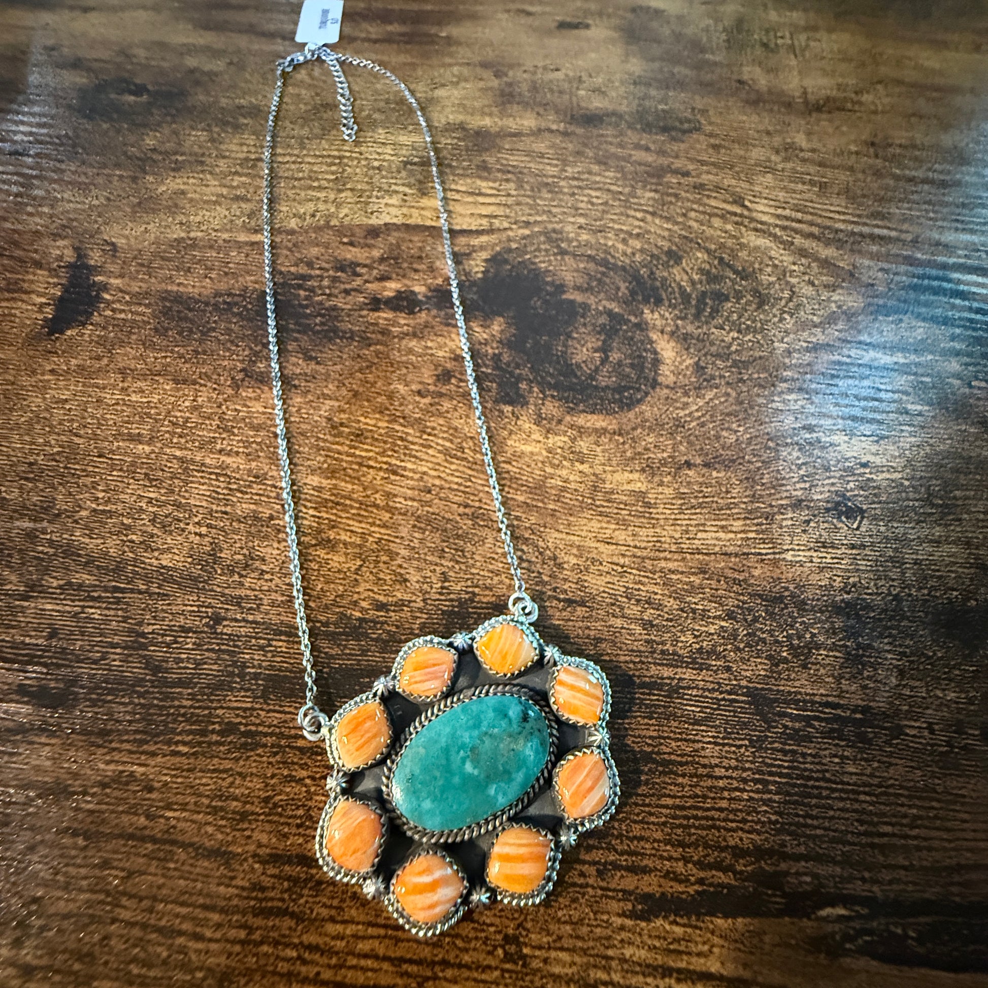 Mojave Turquoise and Spiny Oyster Gemstone Necklace in Sterling Silver Wild West Boho