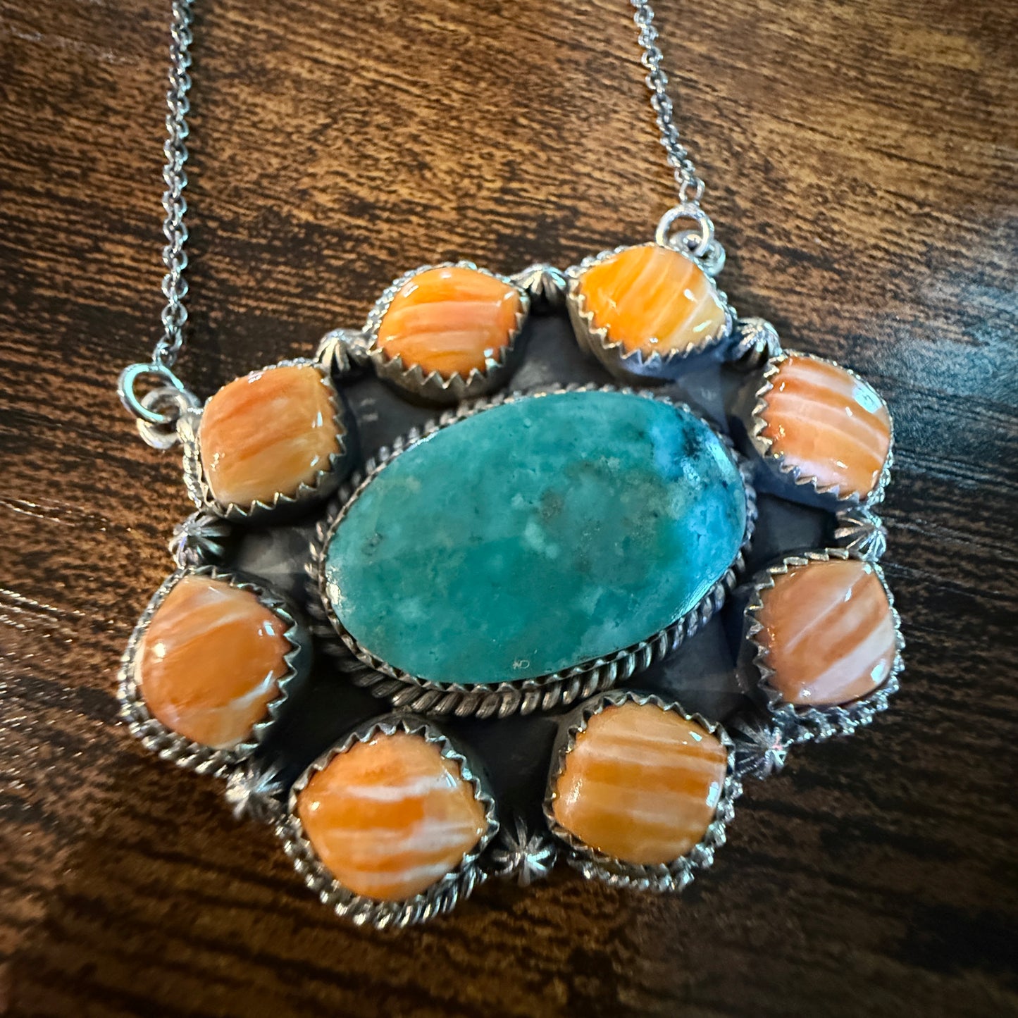 Mojave Turquoise and Spiny Oyster Gemstone Necklace in Sterling Silver Wild West Boho