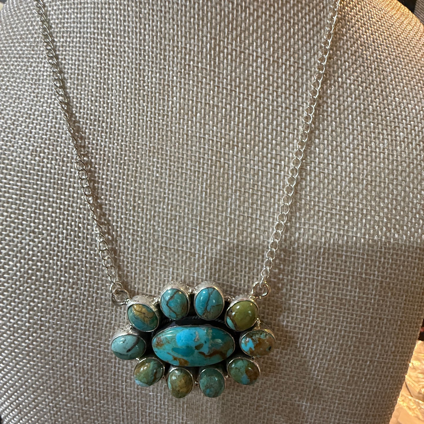 Sonoran Turquoise Gemstone Cluster Necklace In Sterling Silver On 18 Inch Chain Wild West Boho
