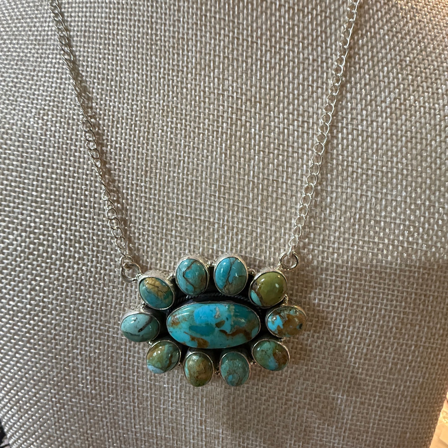Sonoran Turquoise Gemstone Cluster Necklace In Sterling Silver On 18 Inch Chain Wild West Boho