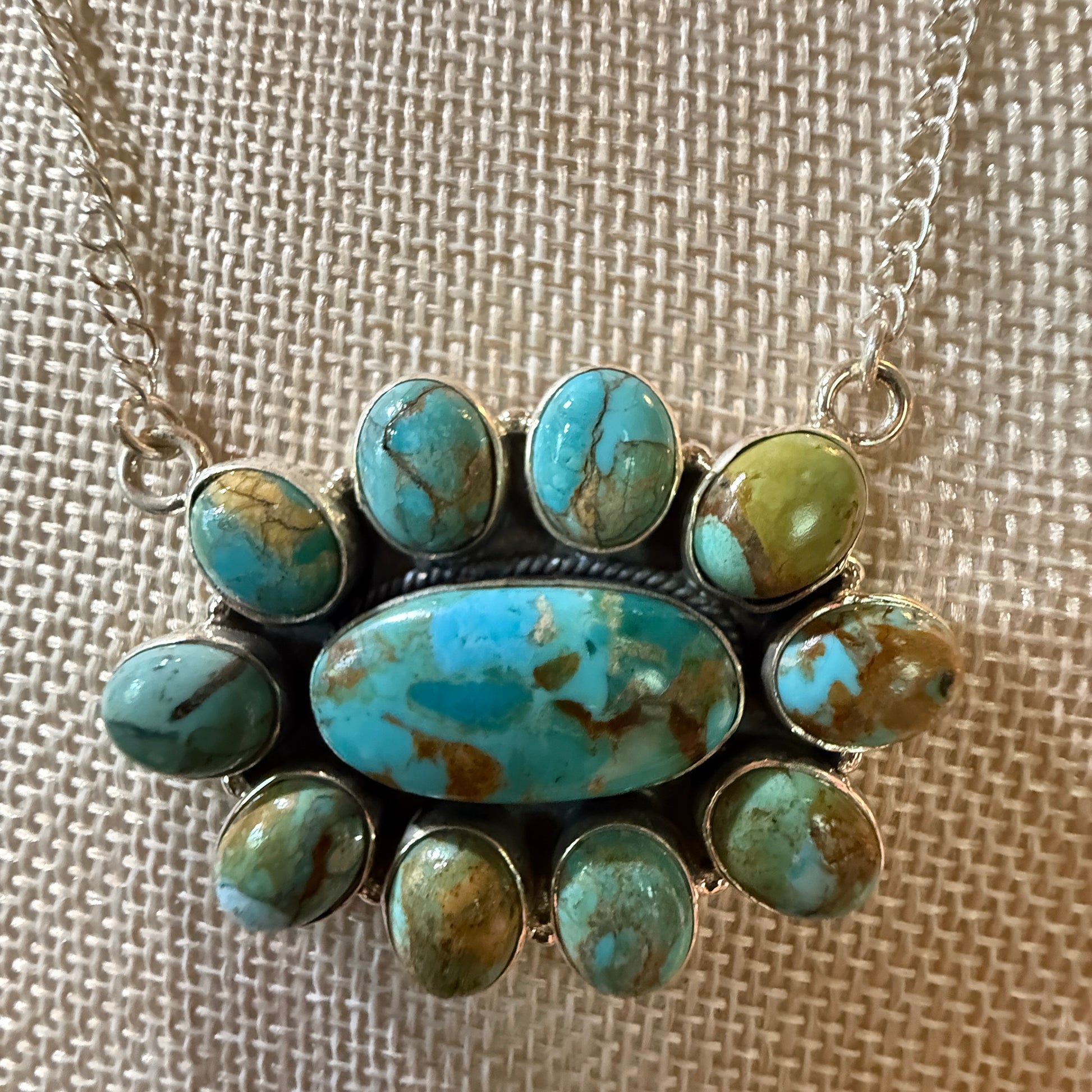 Sonoran Turquoise Gemstone Cluster Necklace In Sterling Silver On 18 Inch Chain Wild West Boho