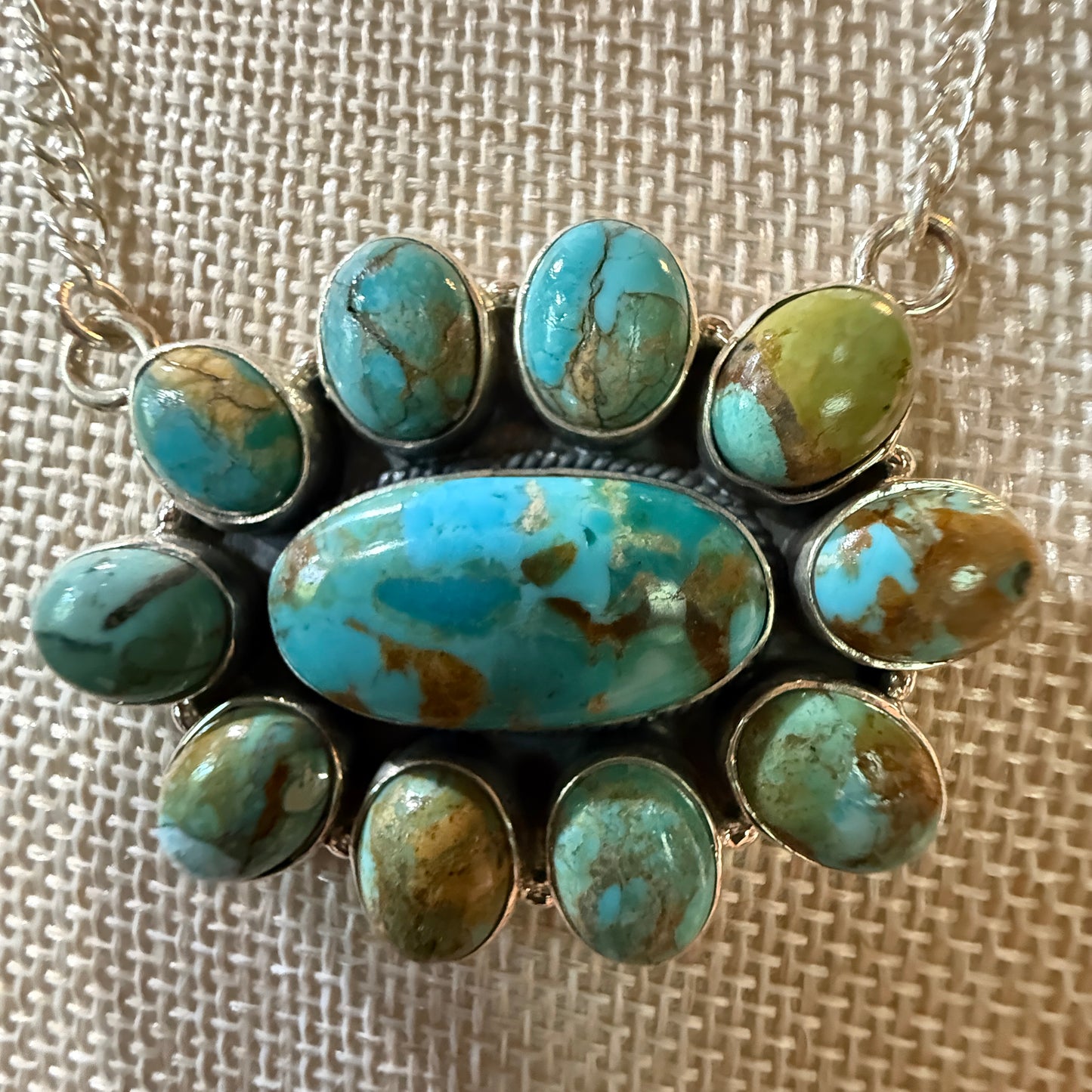 Sonoran Turquoise Gemstone Cluster Necklace In Sterling Silver On 18 Inch Chain Wild West Boho