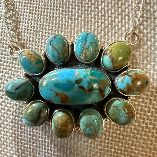 Sonoran Turquoise Gemstone Cluster Necklace In Sterling Silver On 18 Inch Chain Wild West Boho