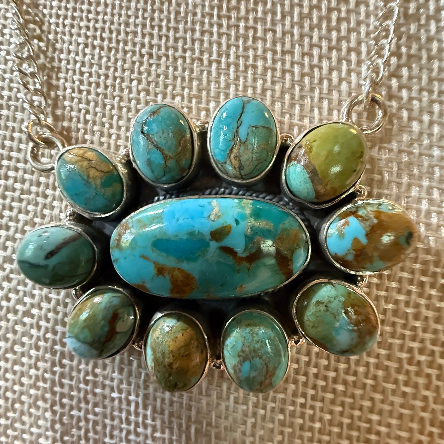 Sonoran Turquoise Gemstone Cluster Necklace In Sterling Silver On 18 Inch Chain Wild West Boho
