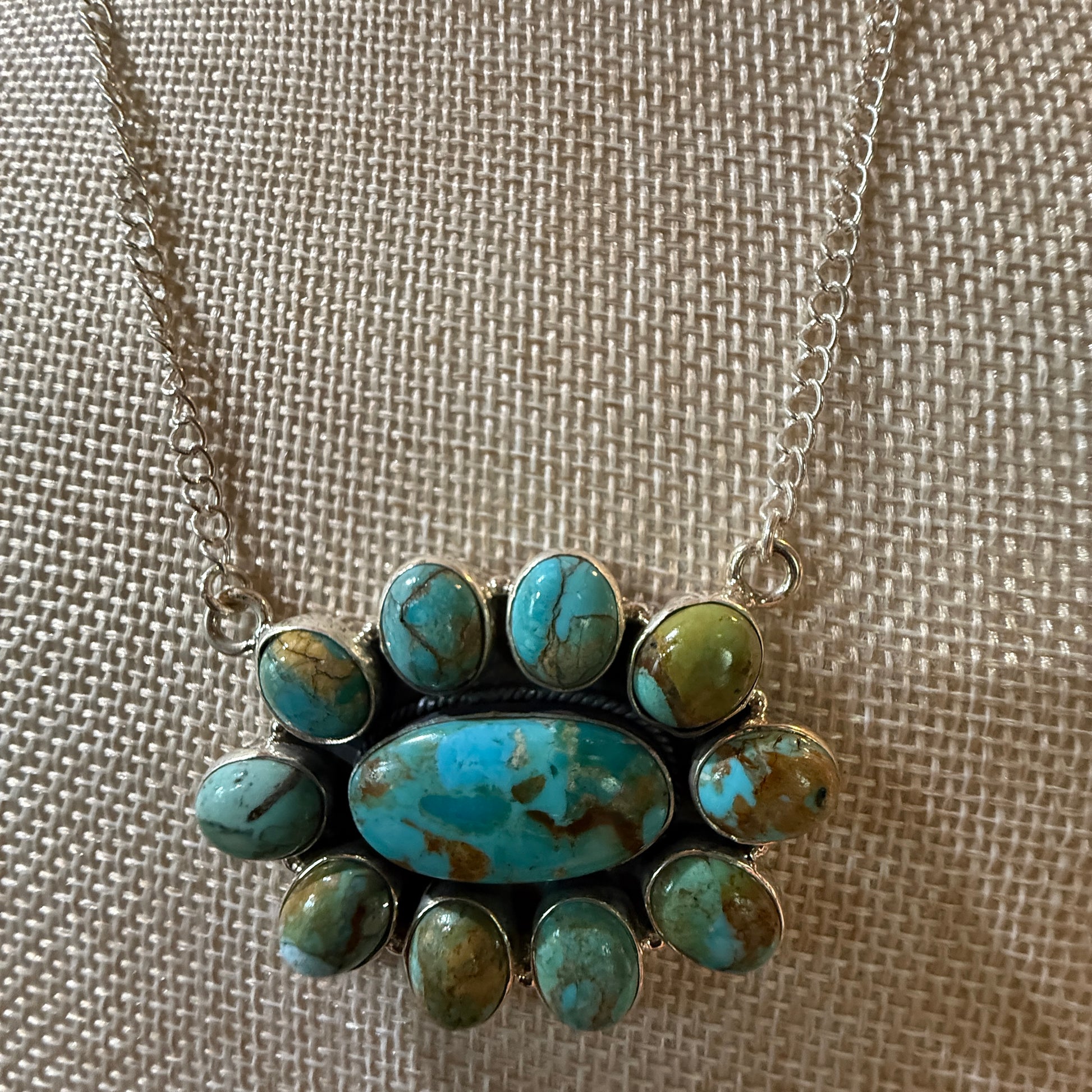Sonoran Turquoise Gemstone Cluster Necklace In Sterling Silver On 18 Inch Chain Wild West Boho