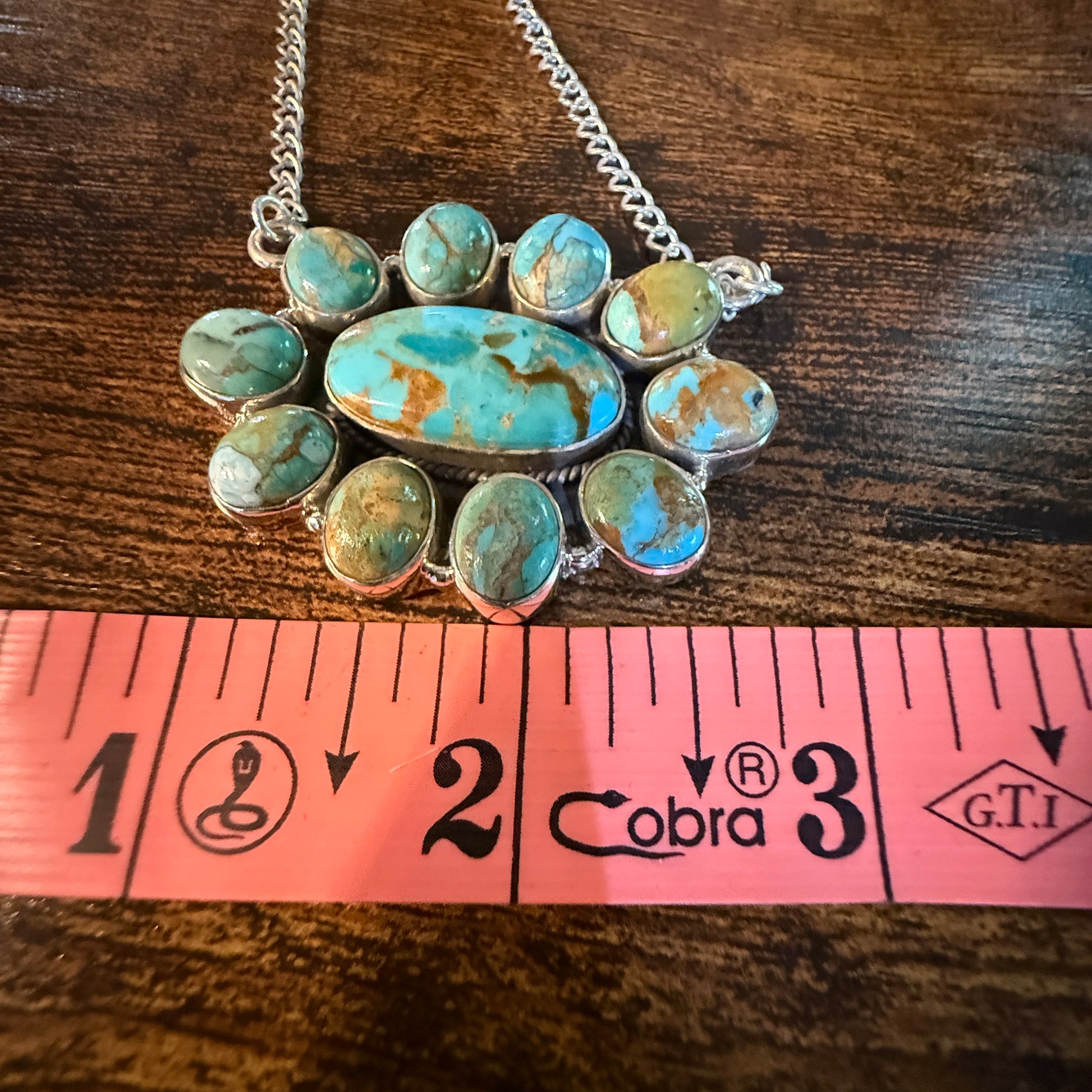 Sonoran Turquoise Gemstone Cluster Necklace In Sterling Silver On 18 Inch Chain Wild West Boho