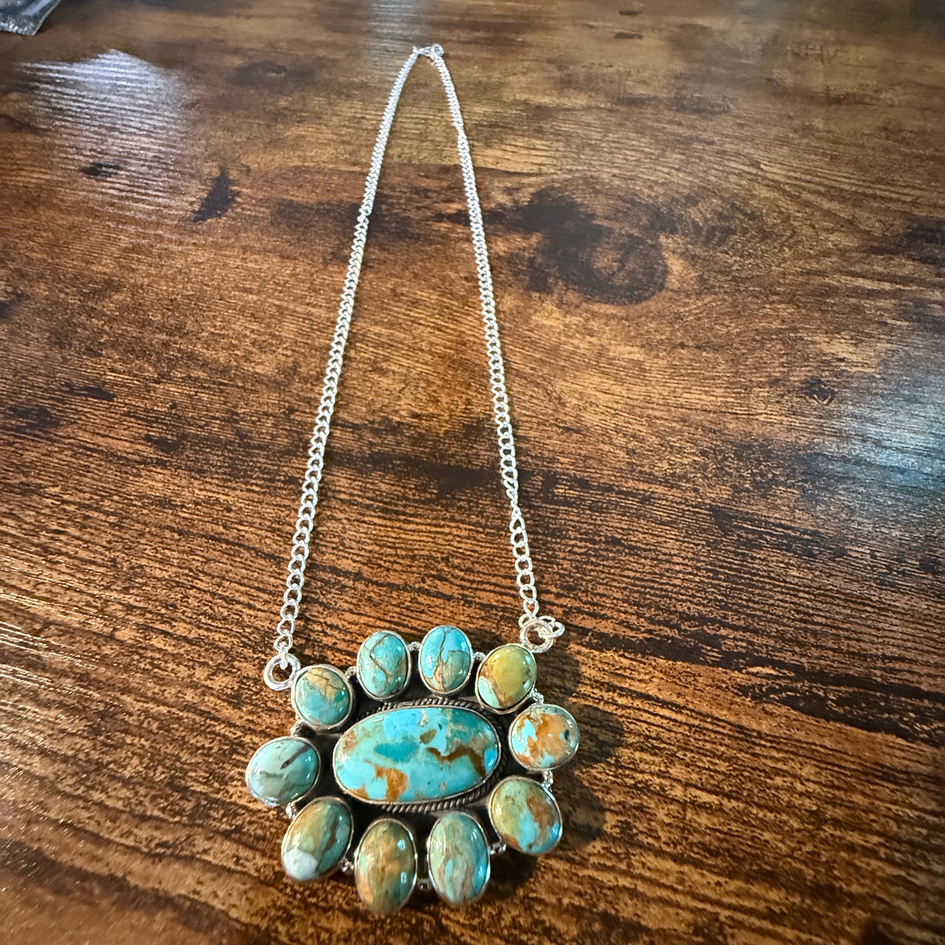 Sonoran Turquoise Gemstone Cluster Necklace In Sterling Silver On 18 Inch Chain Wild West Boho