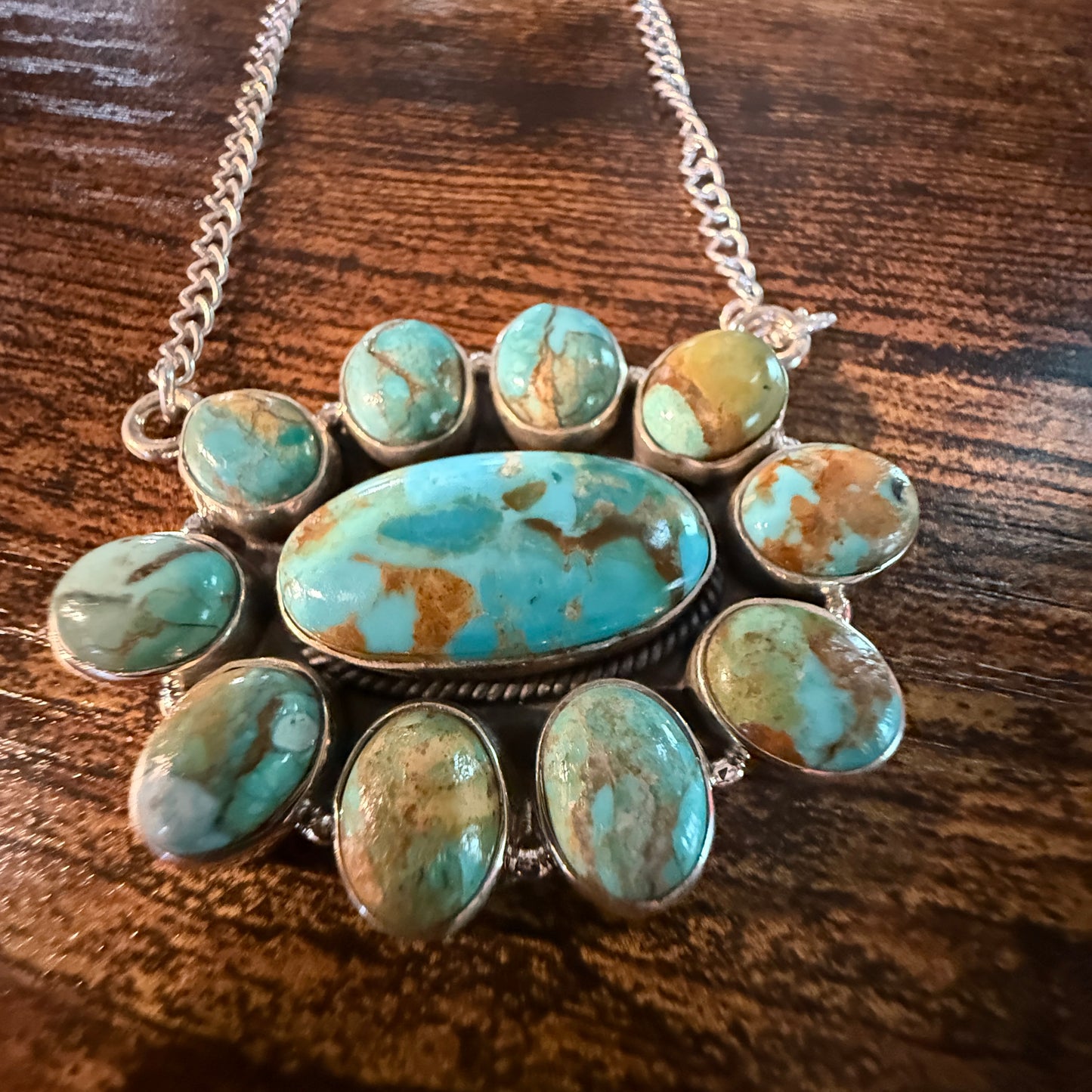 Sonoran Turquoise Gemstone Cluster Necklace In Sterling Silver On 18 Inch Chain Wild West Boho