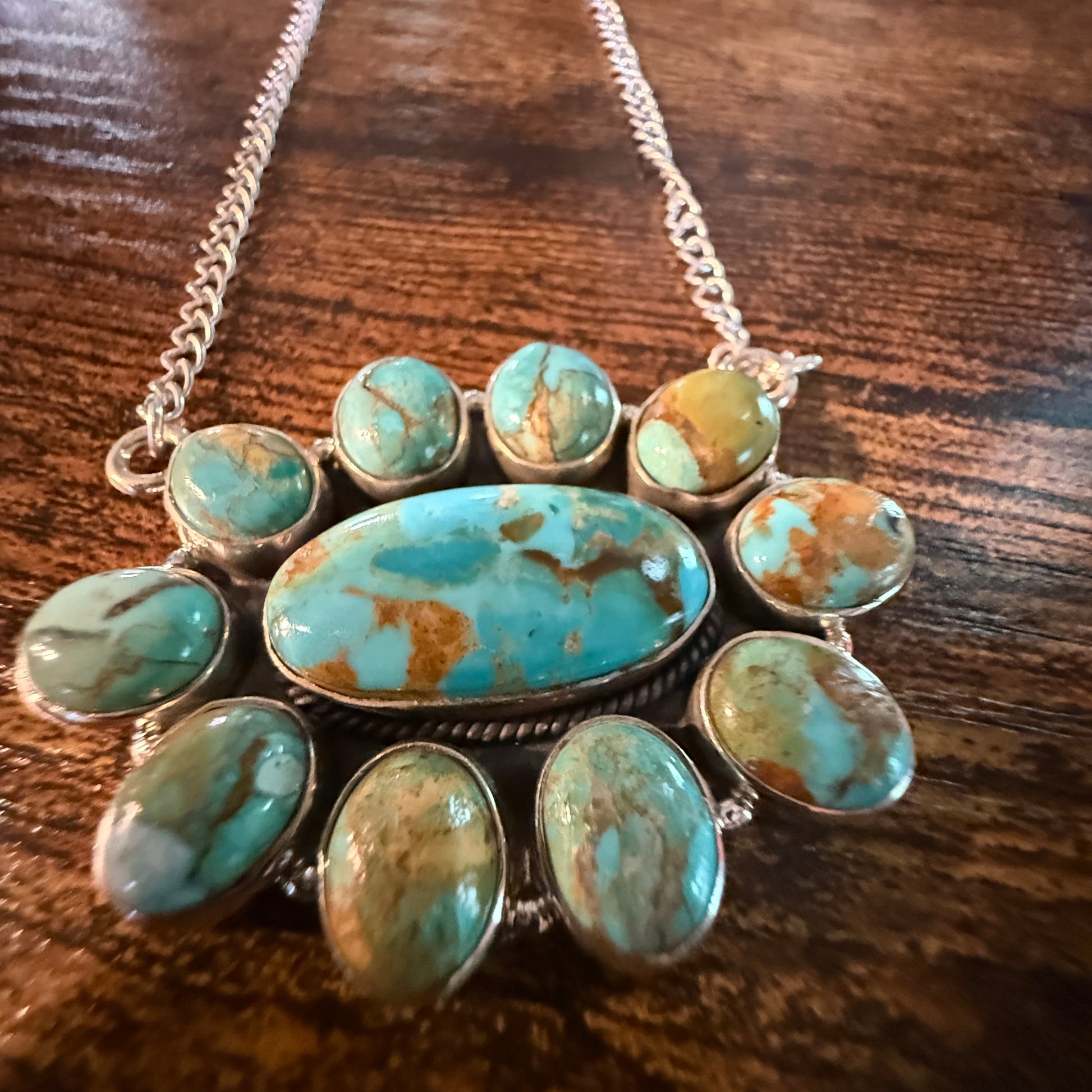 Sonoran Turquoise Gemstone Cluster Necklace In Sterling Silver On 18 Inch Chain Wild West Boho