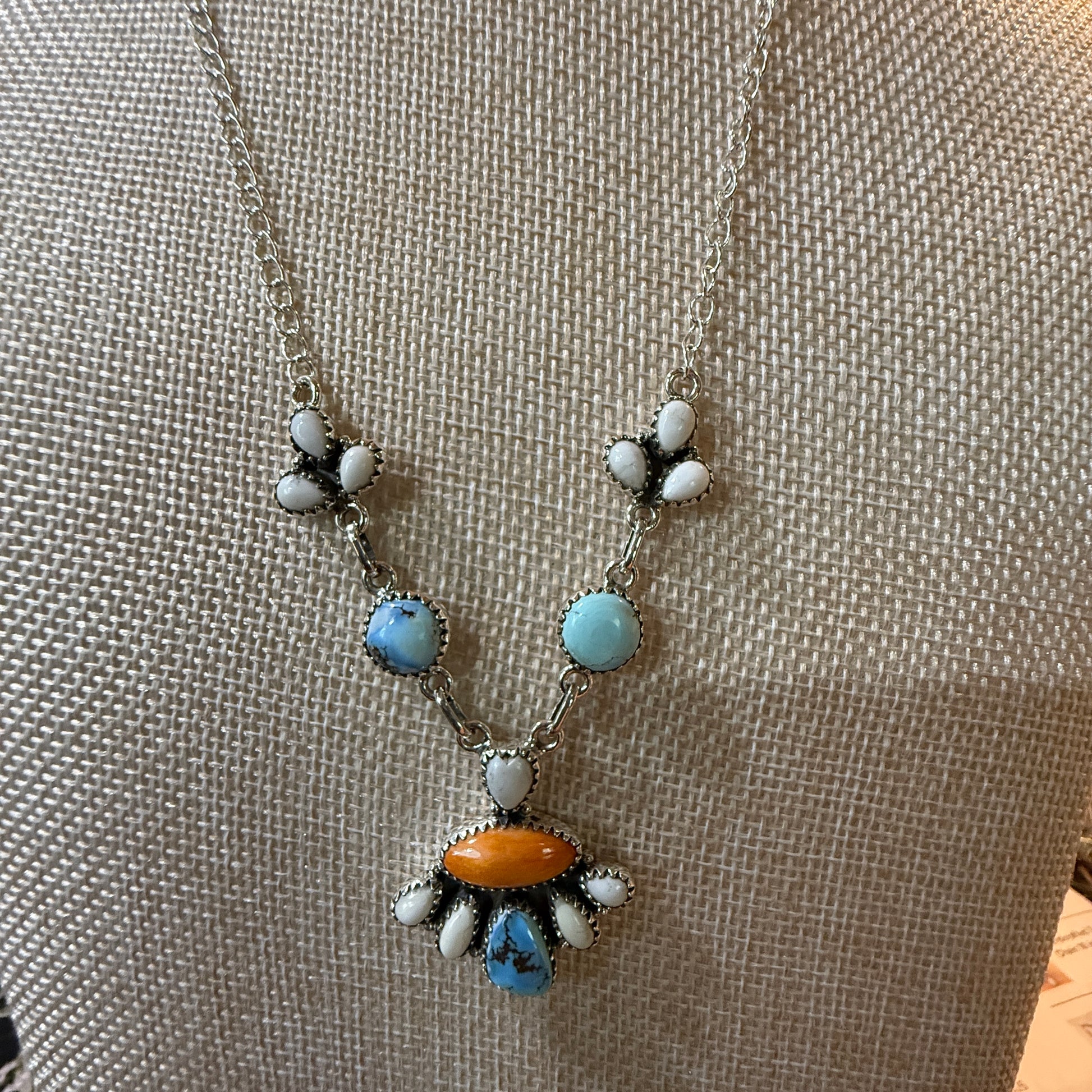 White Buffalo Turquoise Necklace With Orange Spiny Oyster And Sterling Silver WildWestBoho