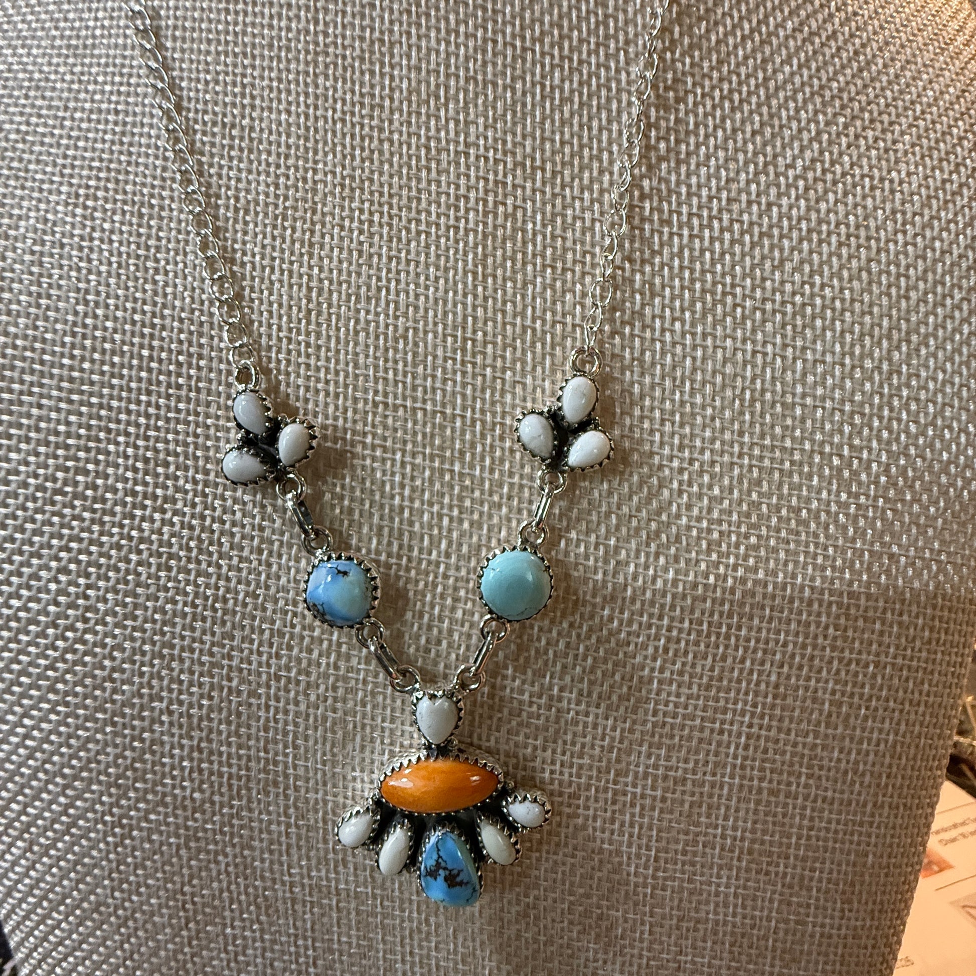 White Buffalo Turquoise Necklace With Orange Spiny Oyster And Sterling Silver WildWestBoho