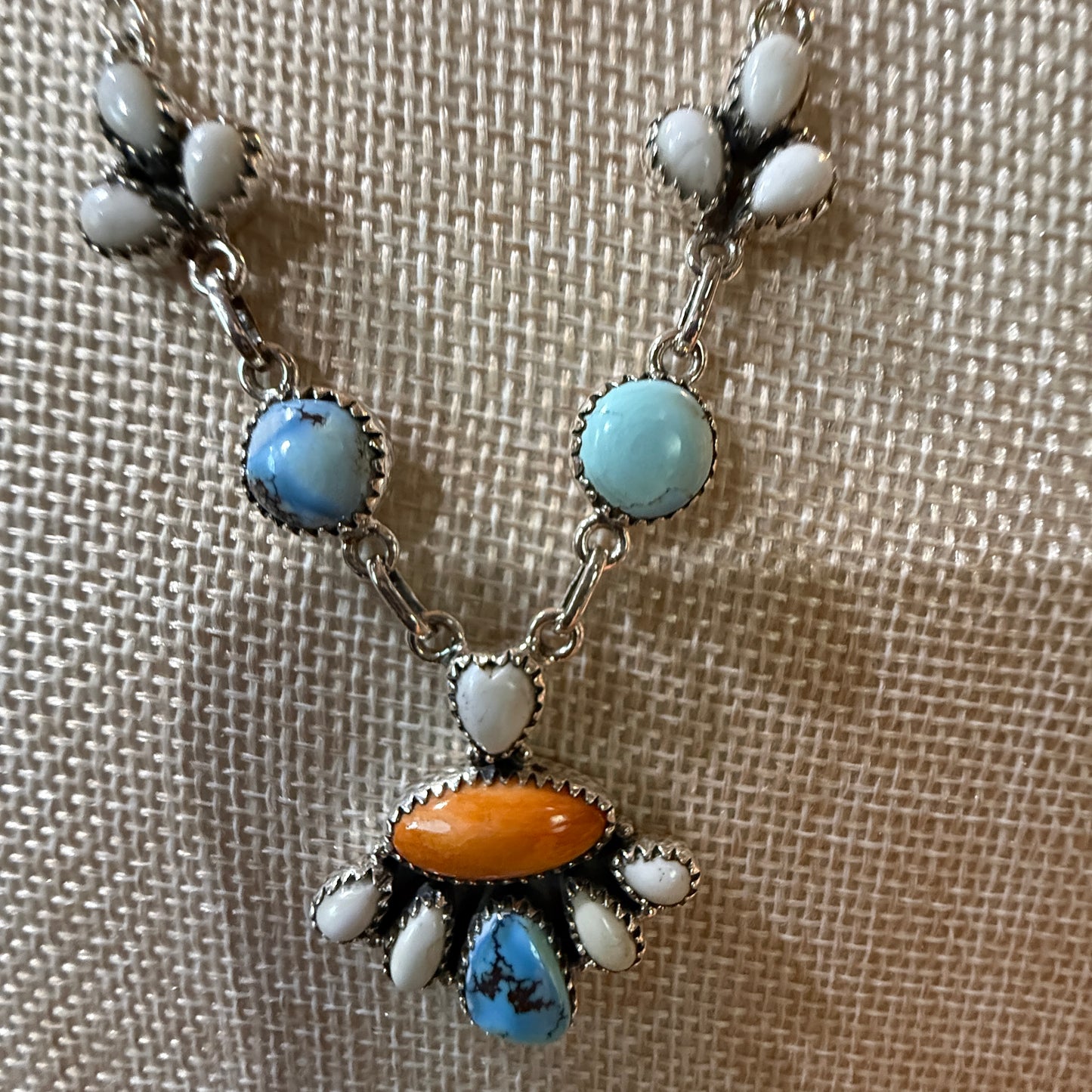 White Buffalo Turquoise Necklace With Orange Spiny Oyster And Sterling Silver WildWestBoho