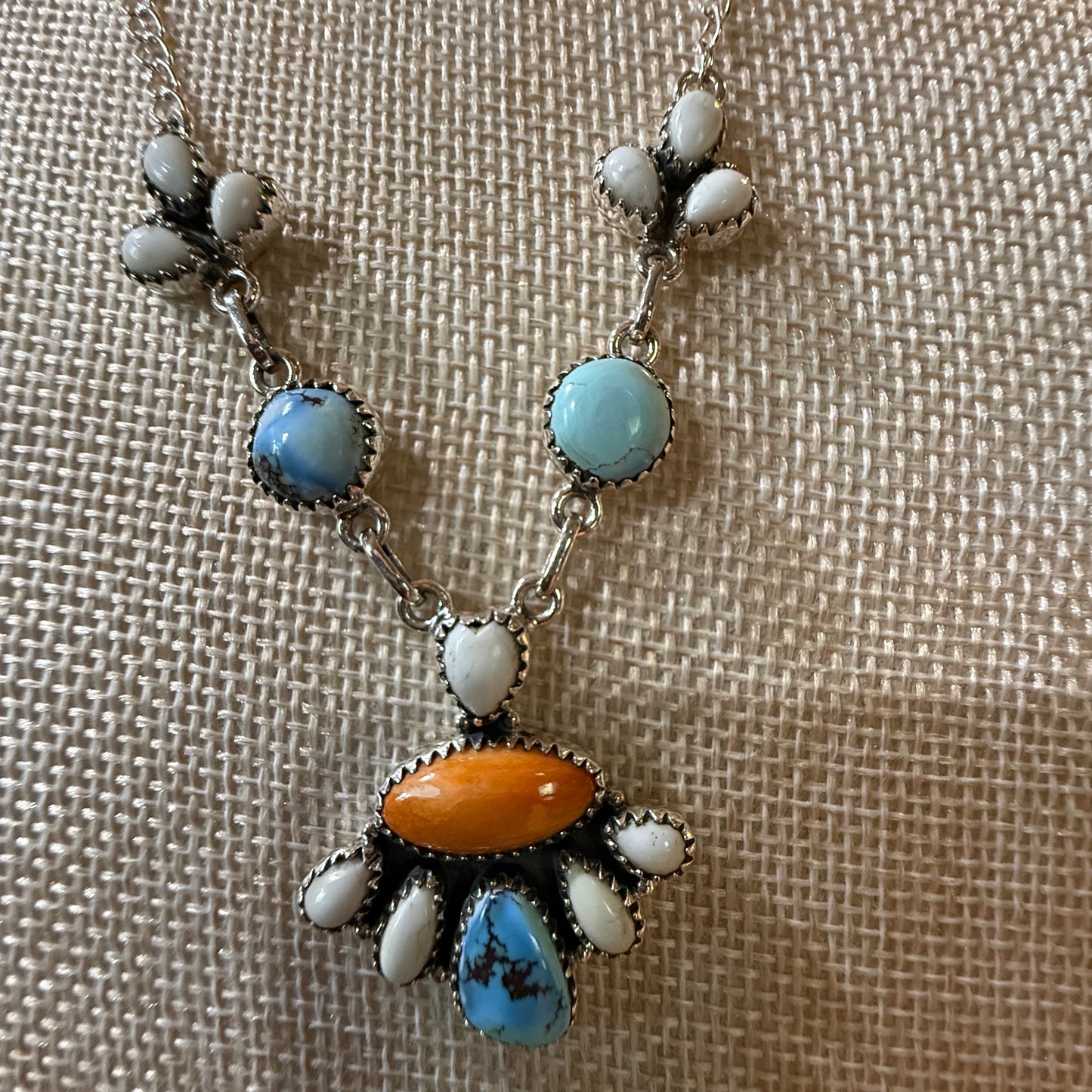White Buffalo Turquoise Necklace With Orange Spiny Oyster And Sterling Silver WildWestBoho